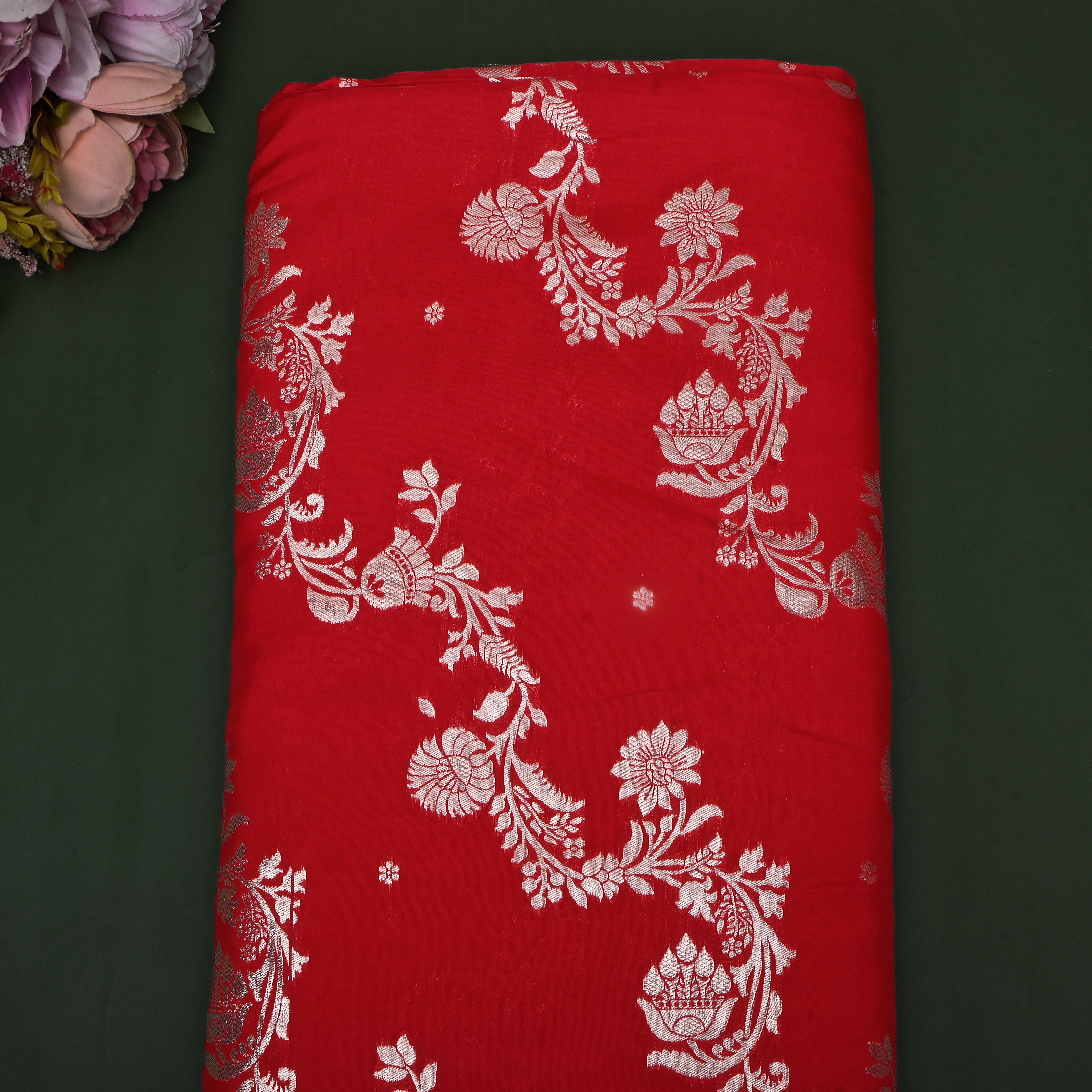 Dark Red Zari Embroidered Silk Fabric