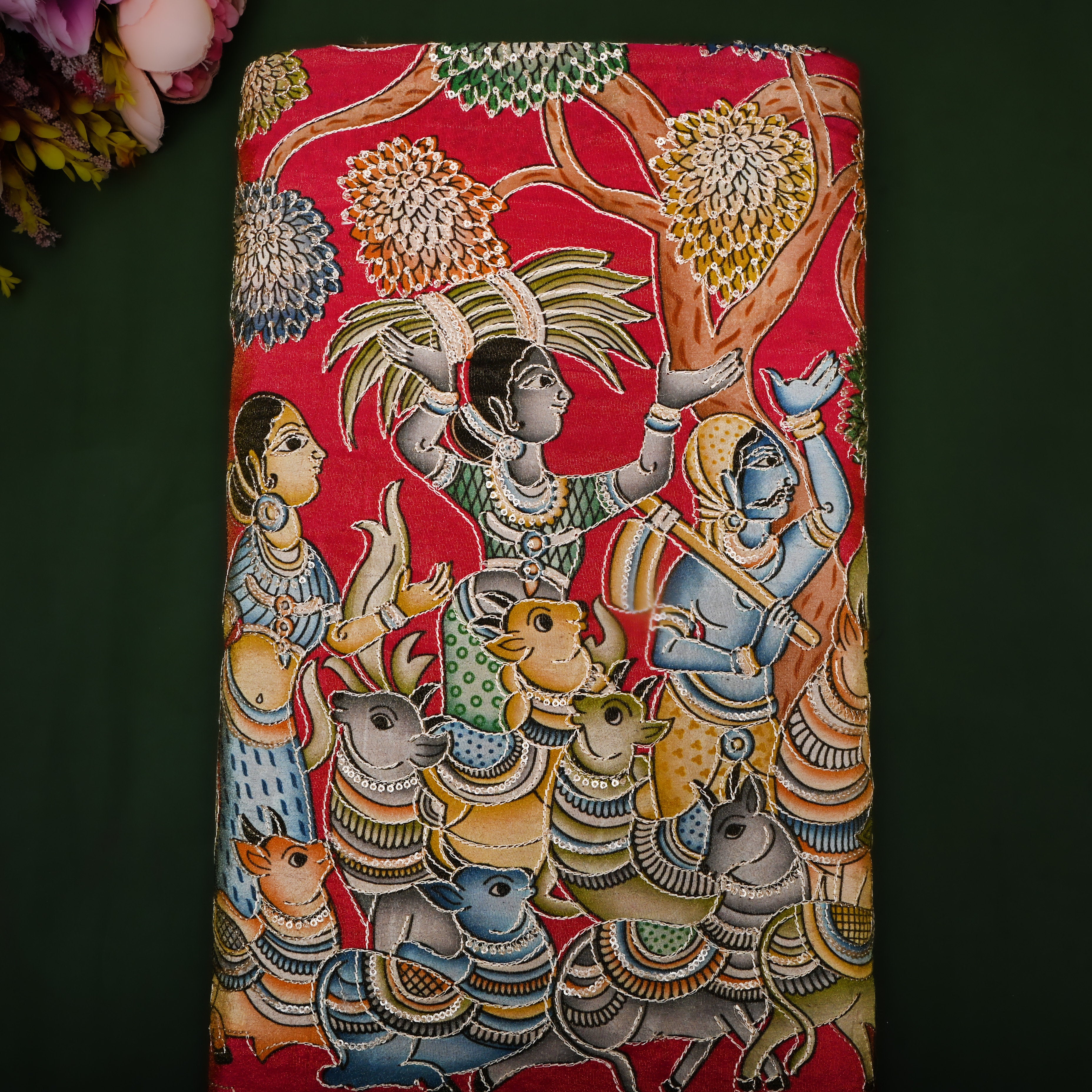 Vintage Red Pichwai Printed Tissue Fabric