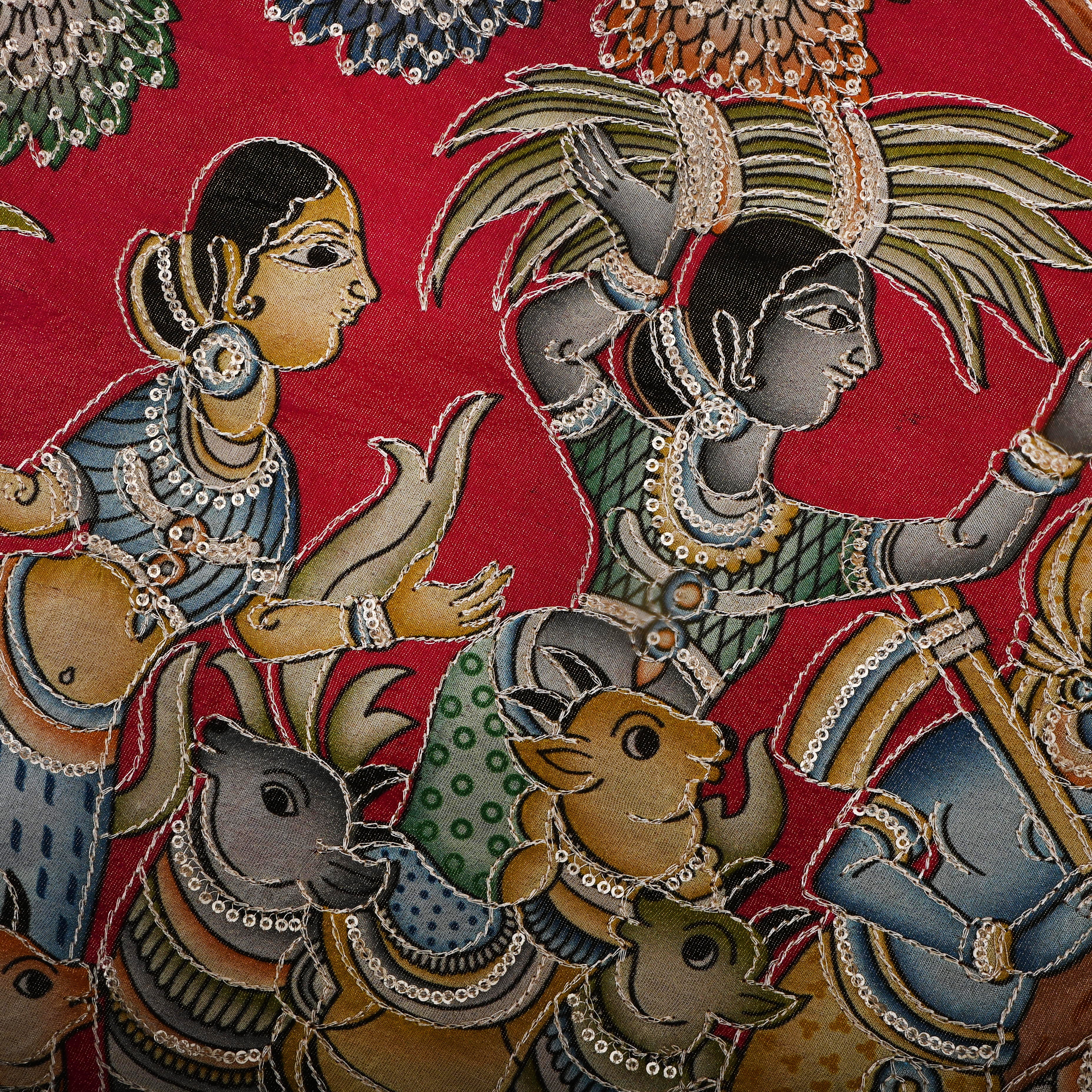 Vintage Red Pichwai Printed Tissue Fabric