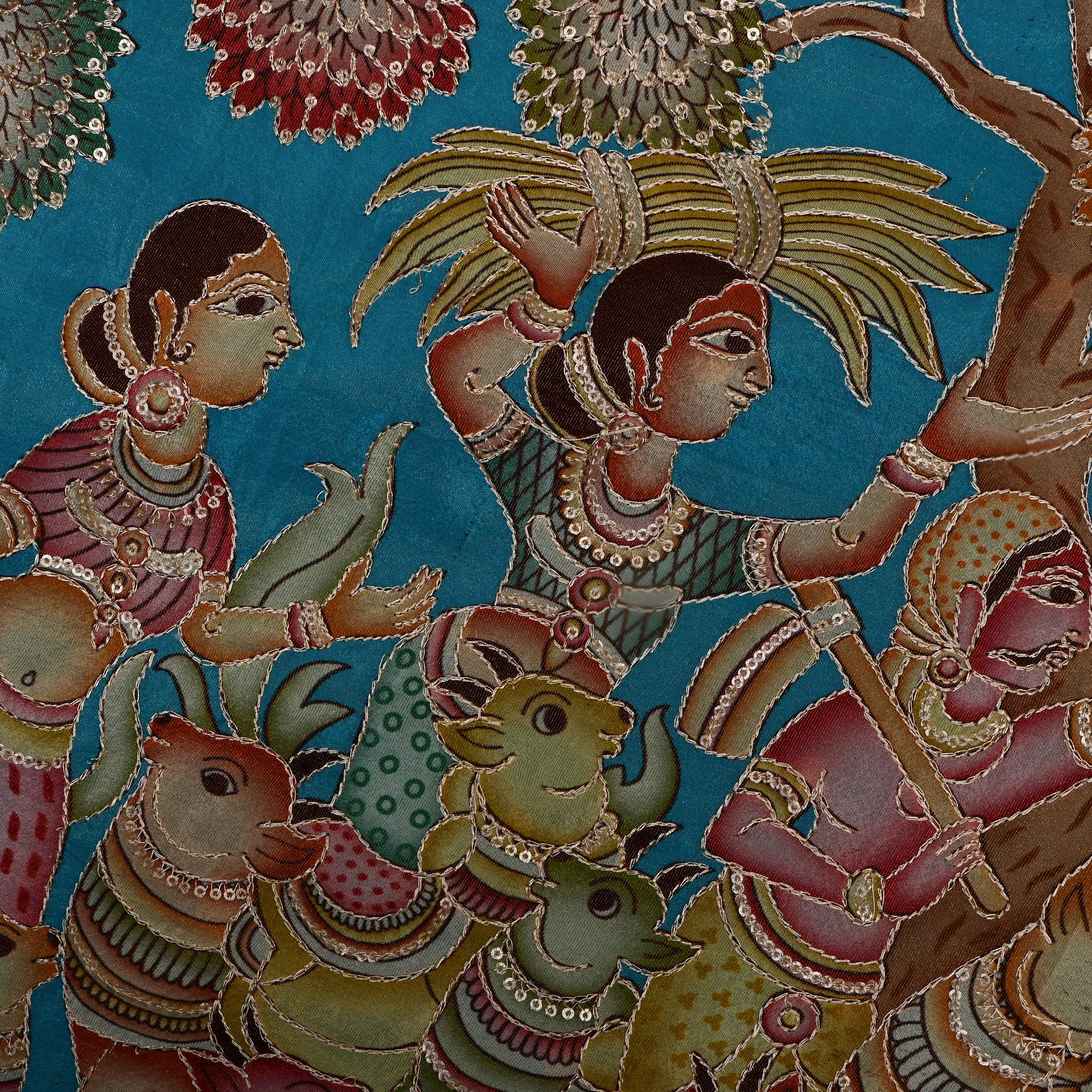 Aqua Blue Pichwai Printed Tissue Fabric