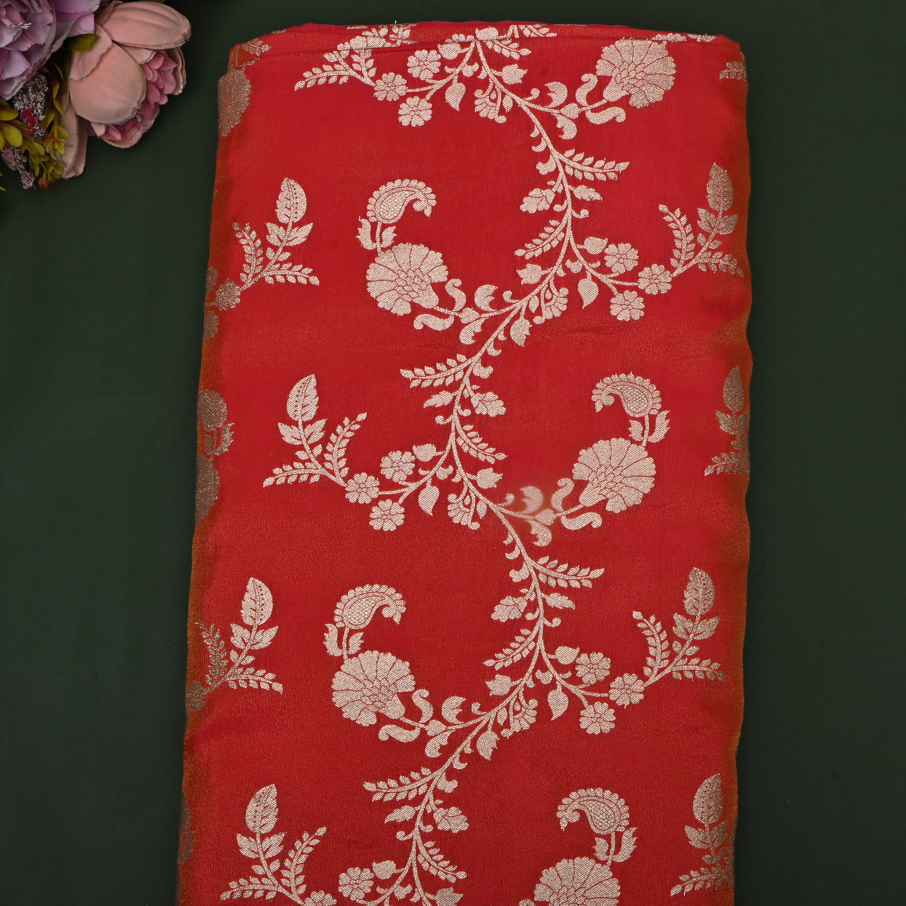 Tomato Red Zari Woven Tissue Fabric
