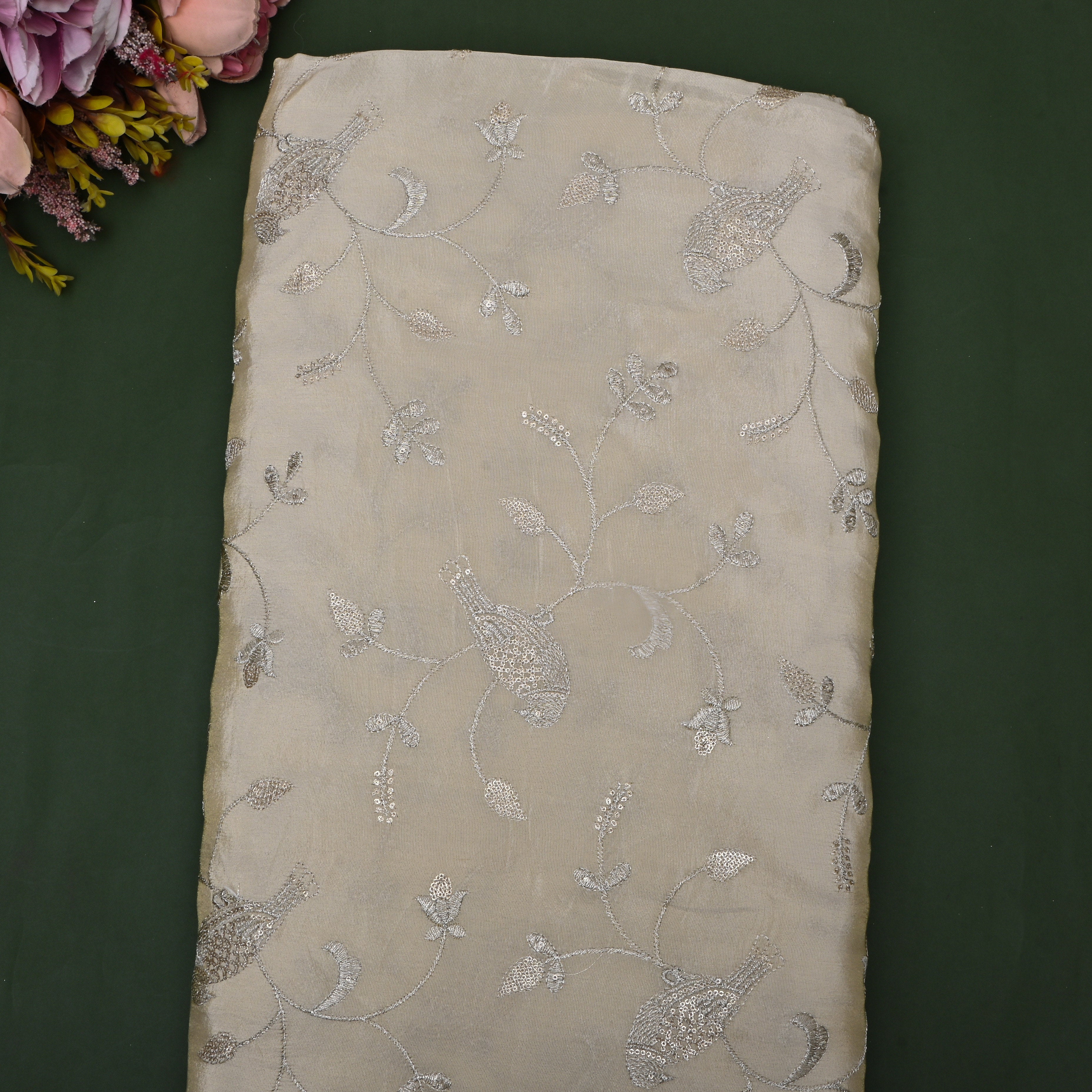 Off-White Embroidered Tissue Fabric