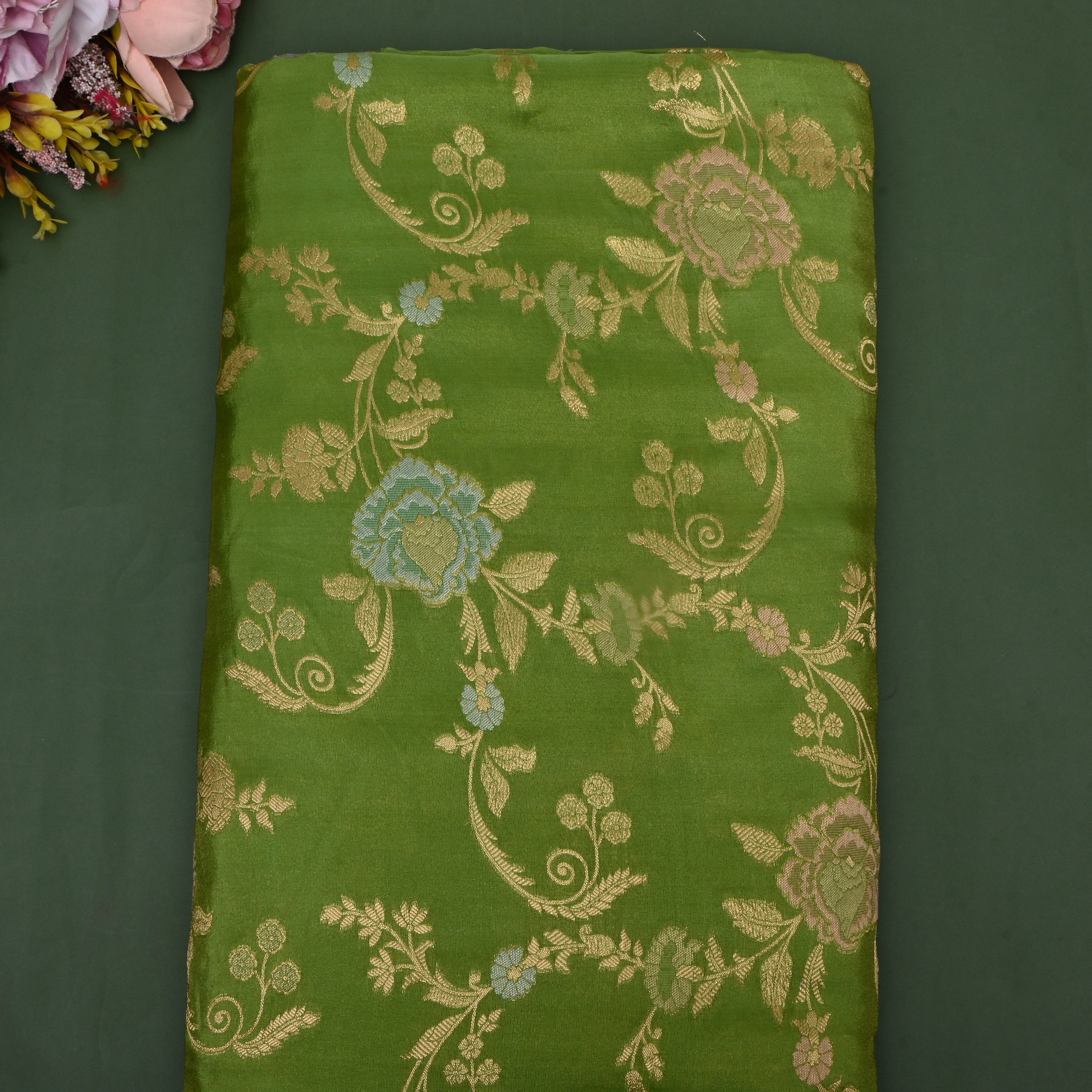 Olive Green Zari Weave Tissue Fabric