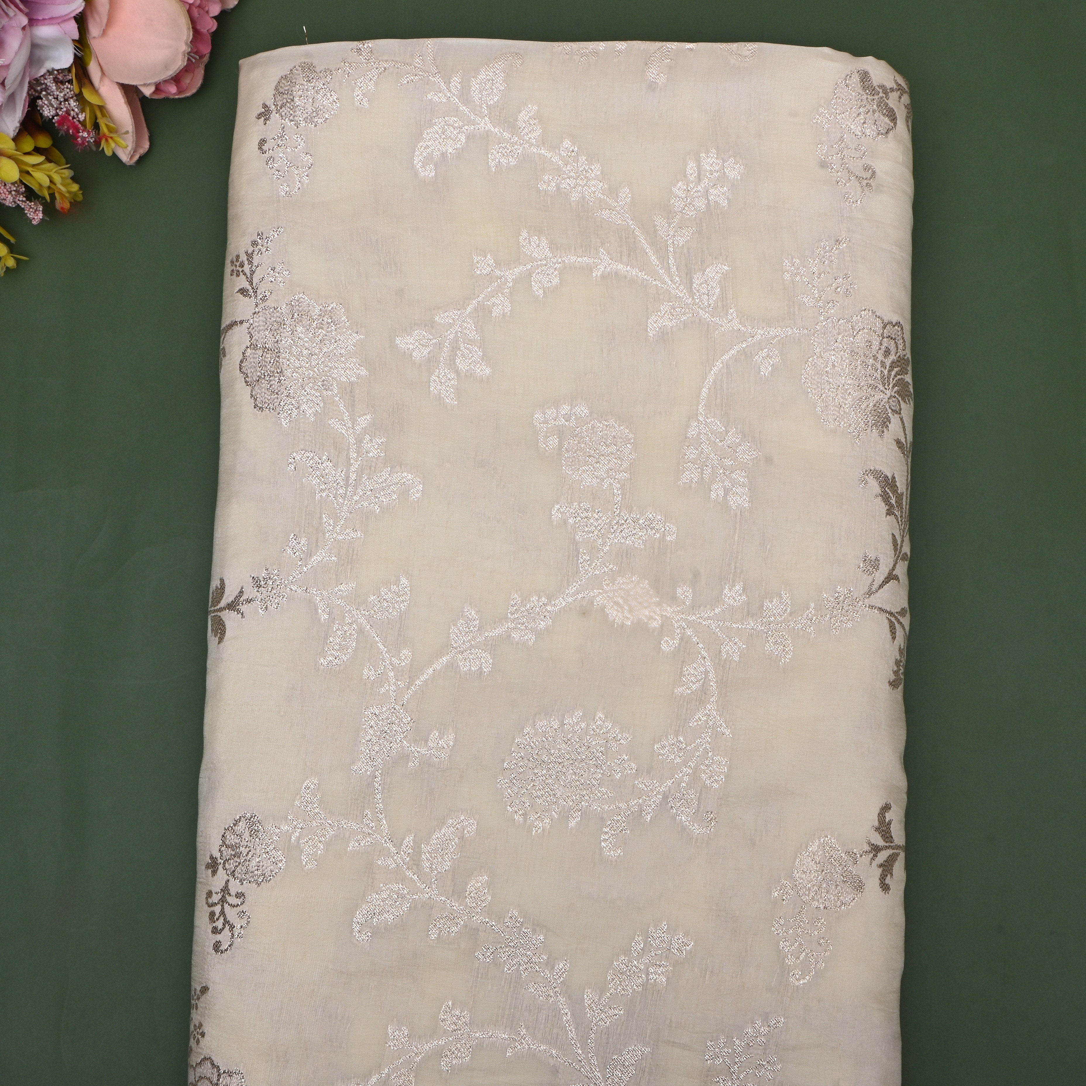 Off White Zari Embroidered Silk Fabric