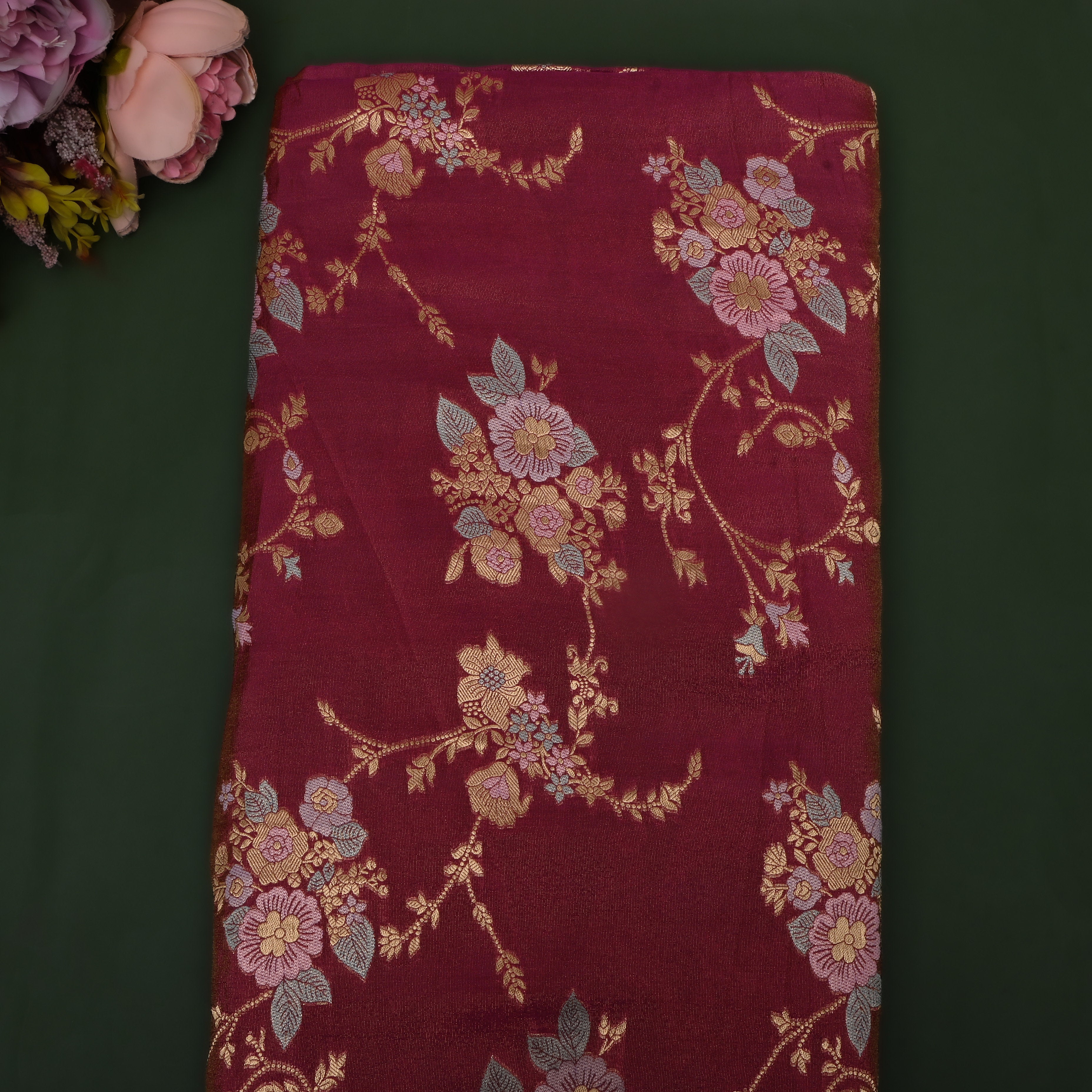 Apple Red Zari Weave Tissue Fabric