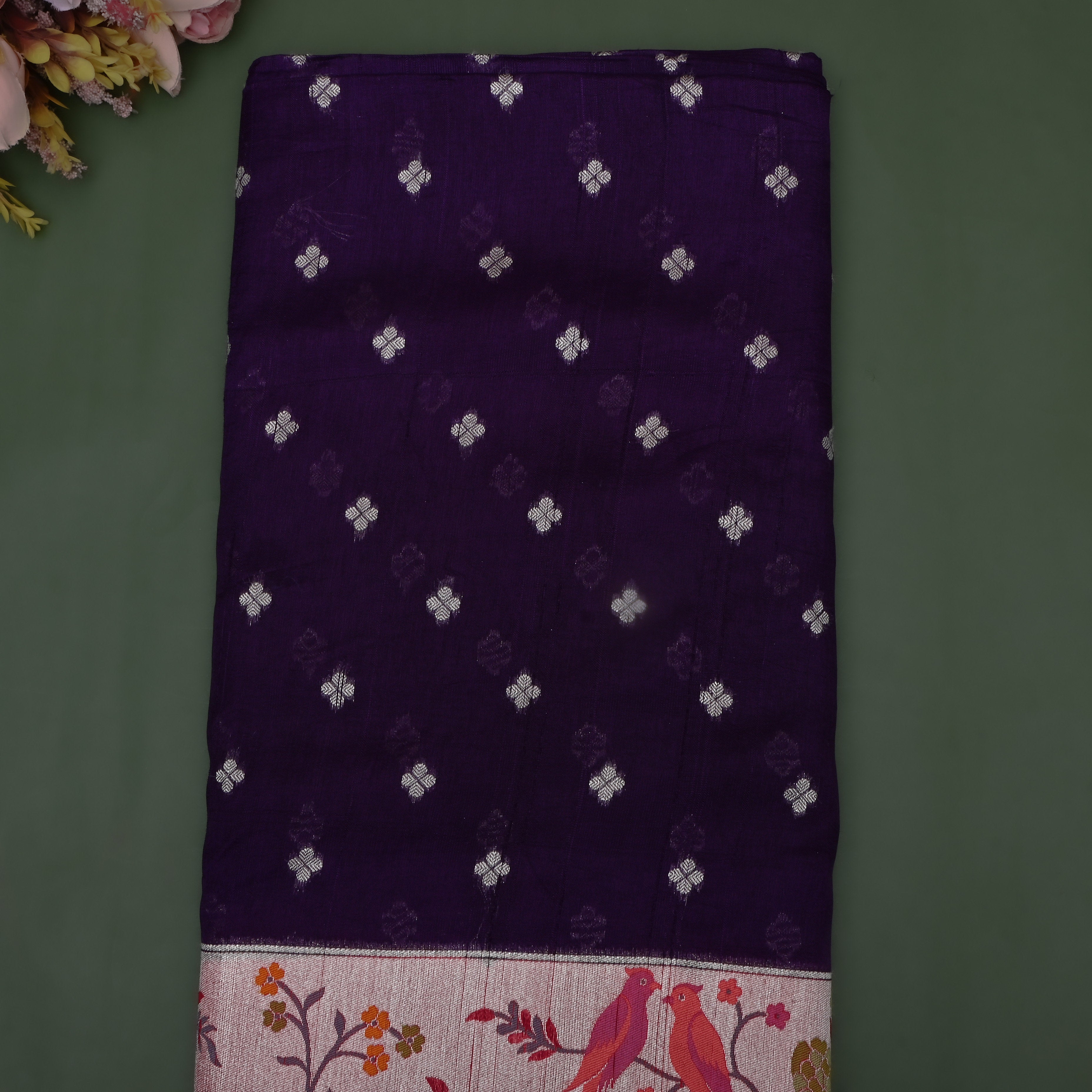 Dark Purple Floral Jamawar Dupion Silk Fabric