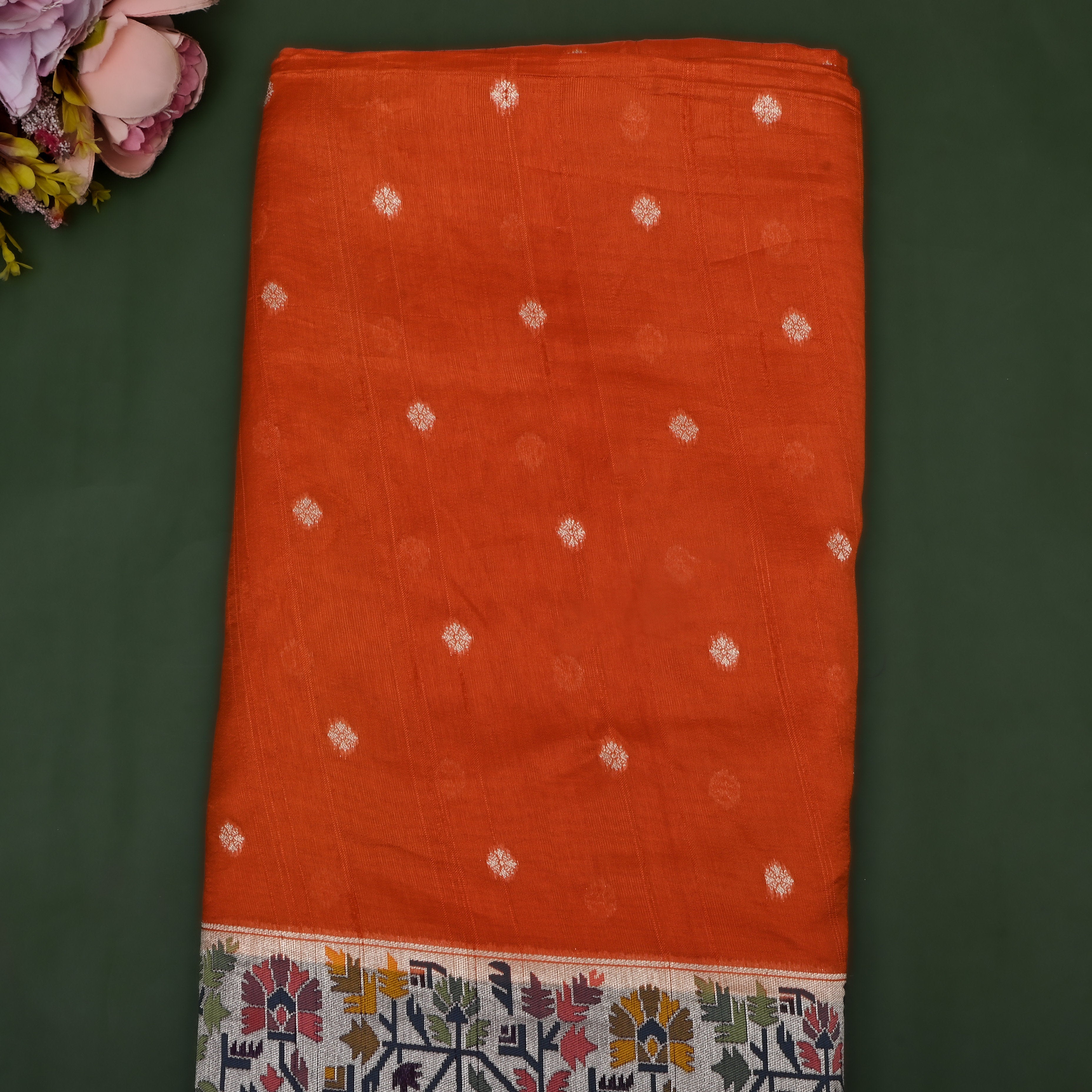 Classic Orange Jamawar Dupion Silk Fabric