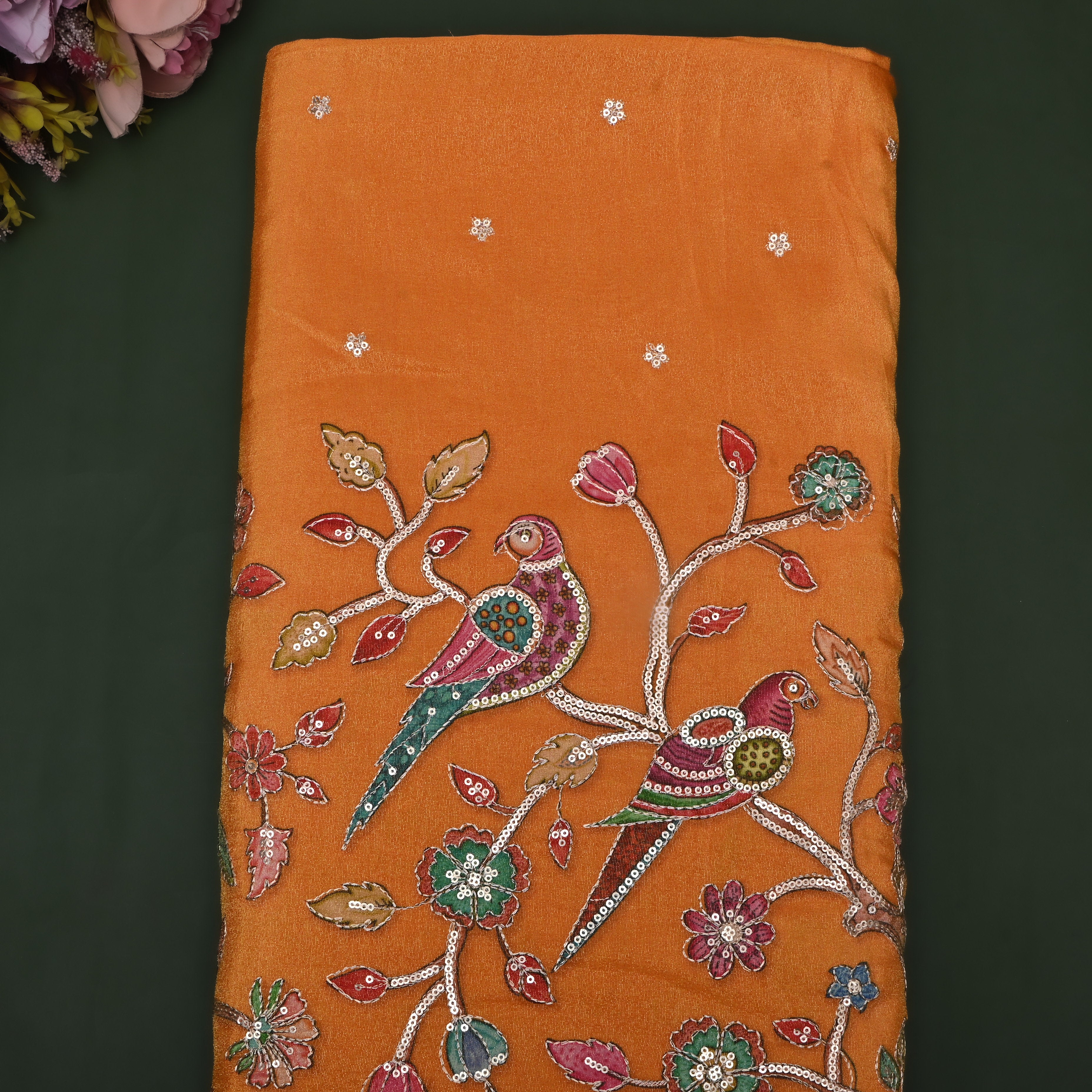 Bright Orange Kalamkari Printed Tissue Fabric