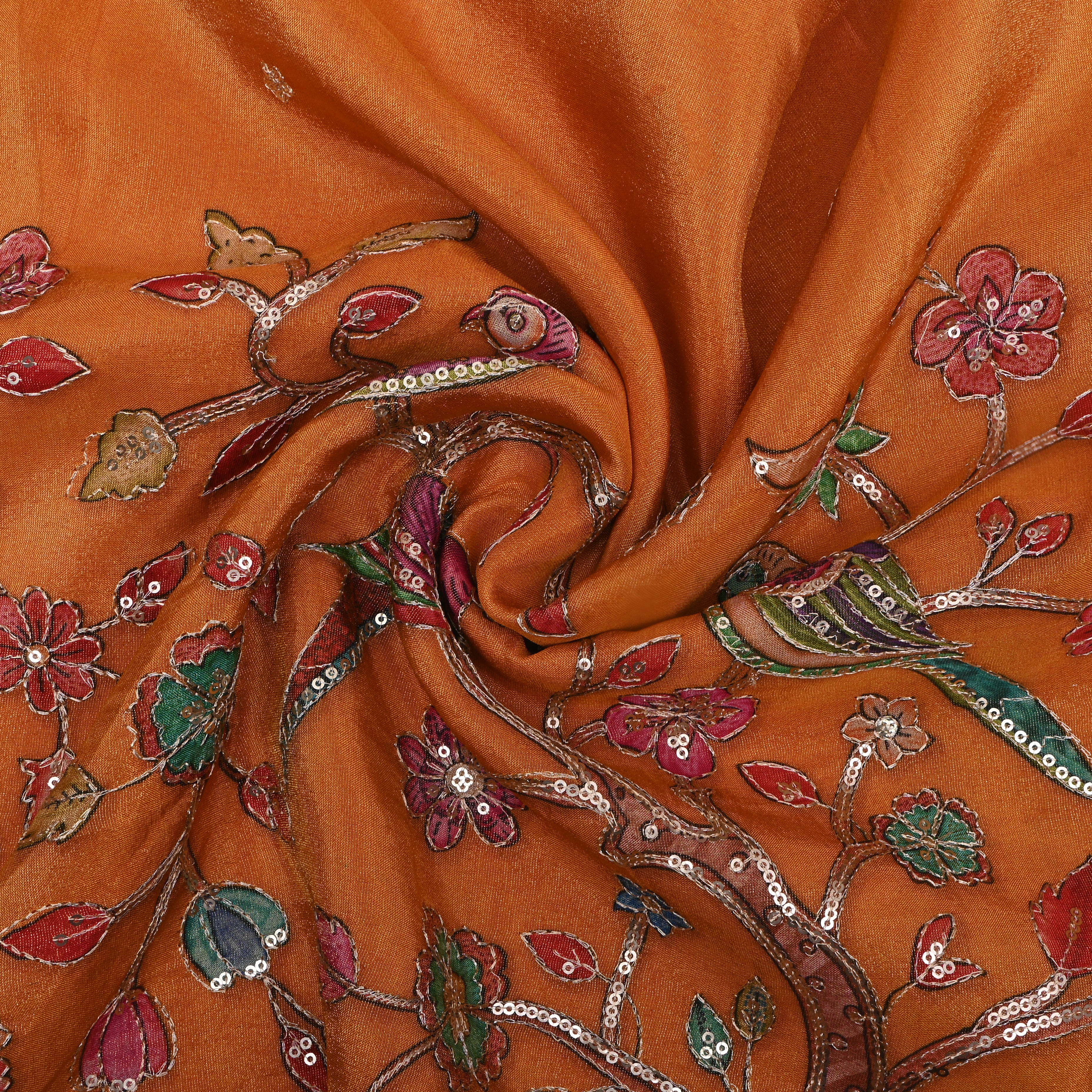 Bright Orange Kalamkari Printed Tissue Fabric