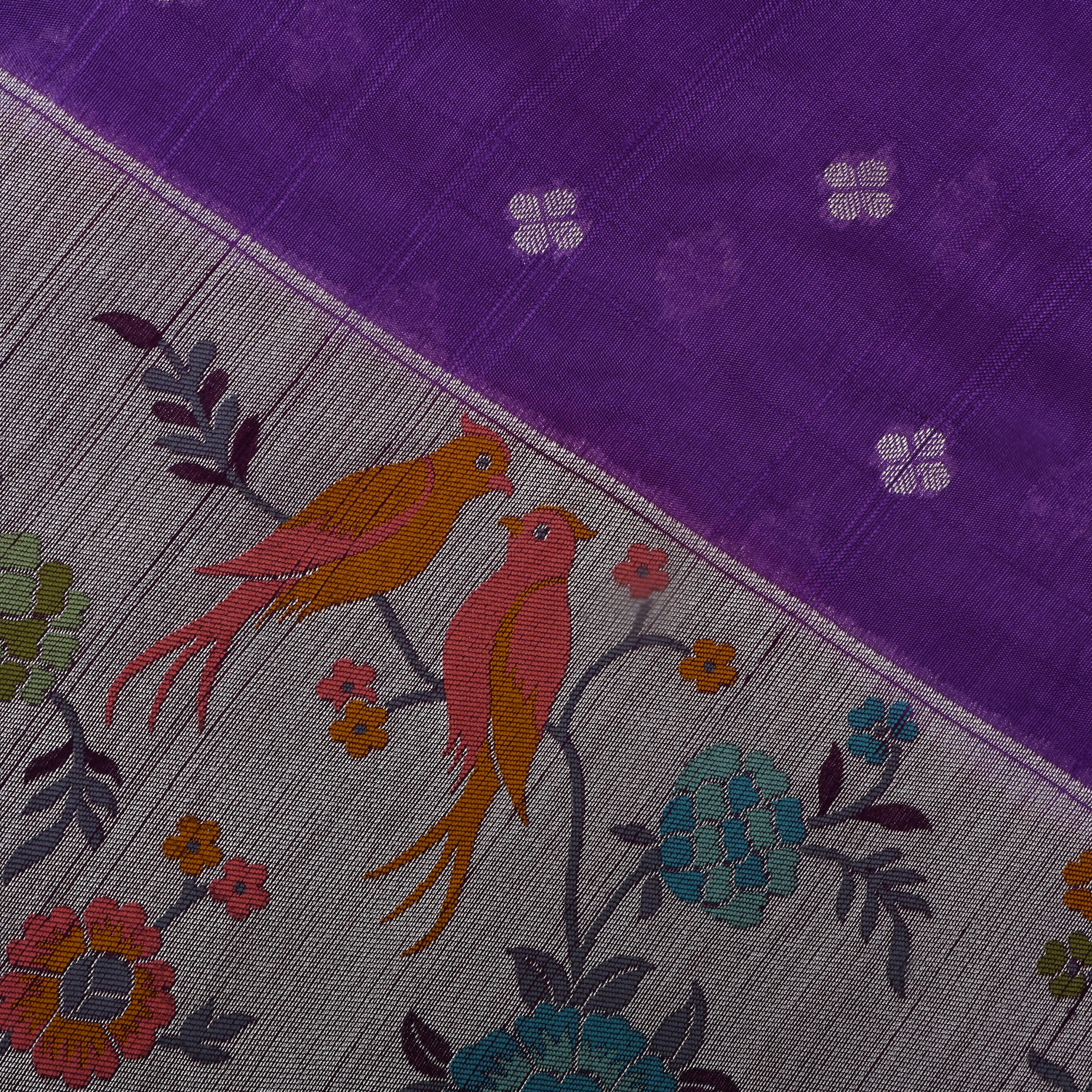 Purple Floral Jamawar Dupion Silk Fabric