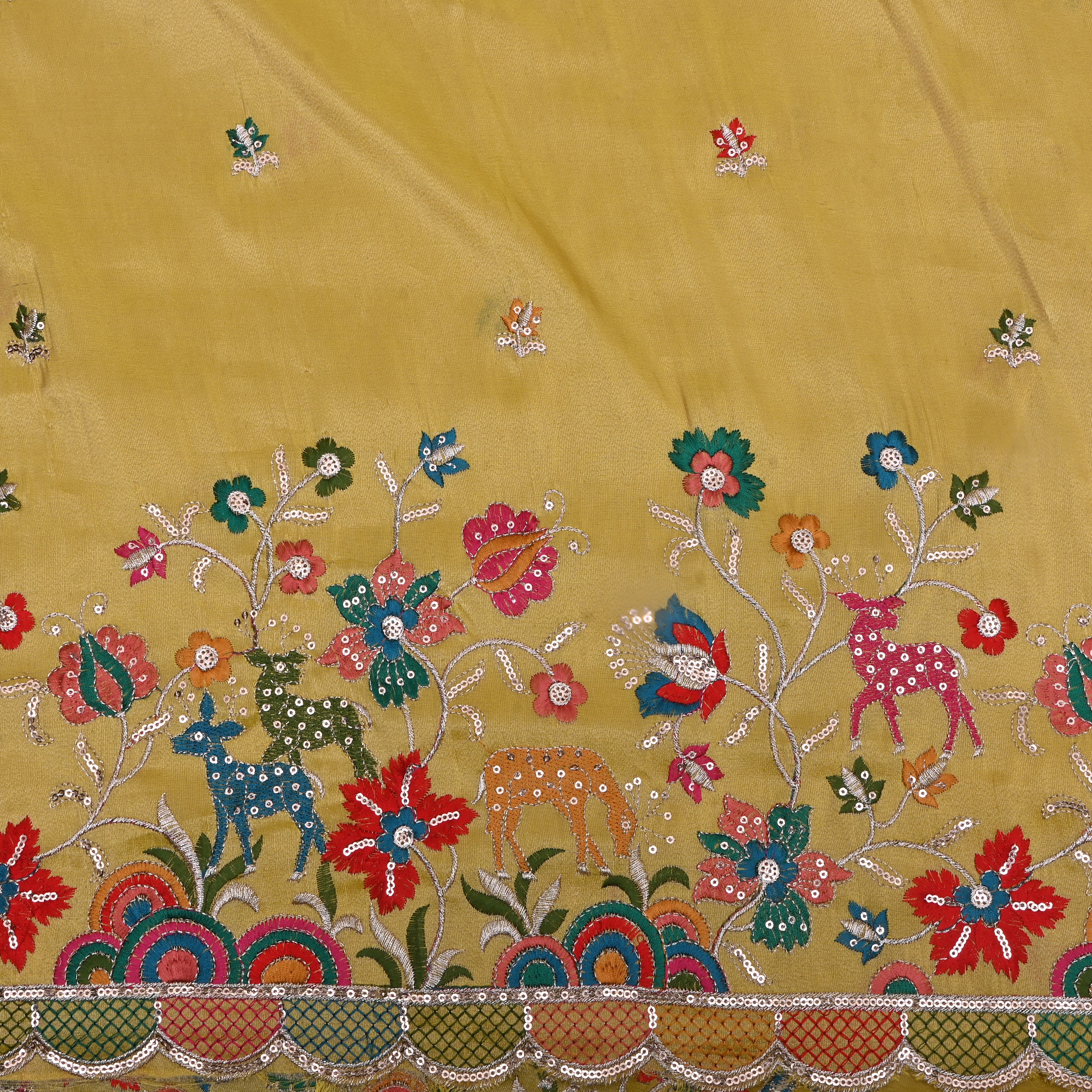 Amber Yellow Thread Embroidered Tissue Fabric