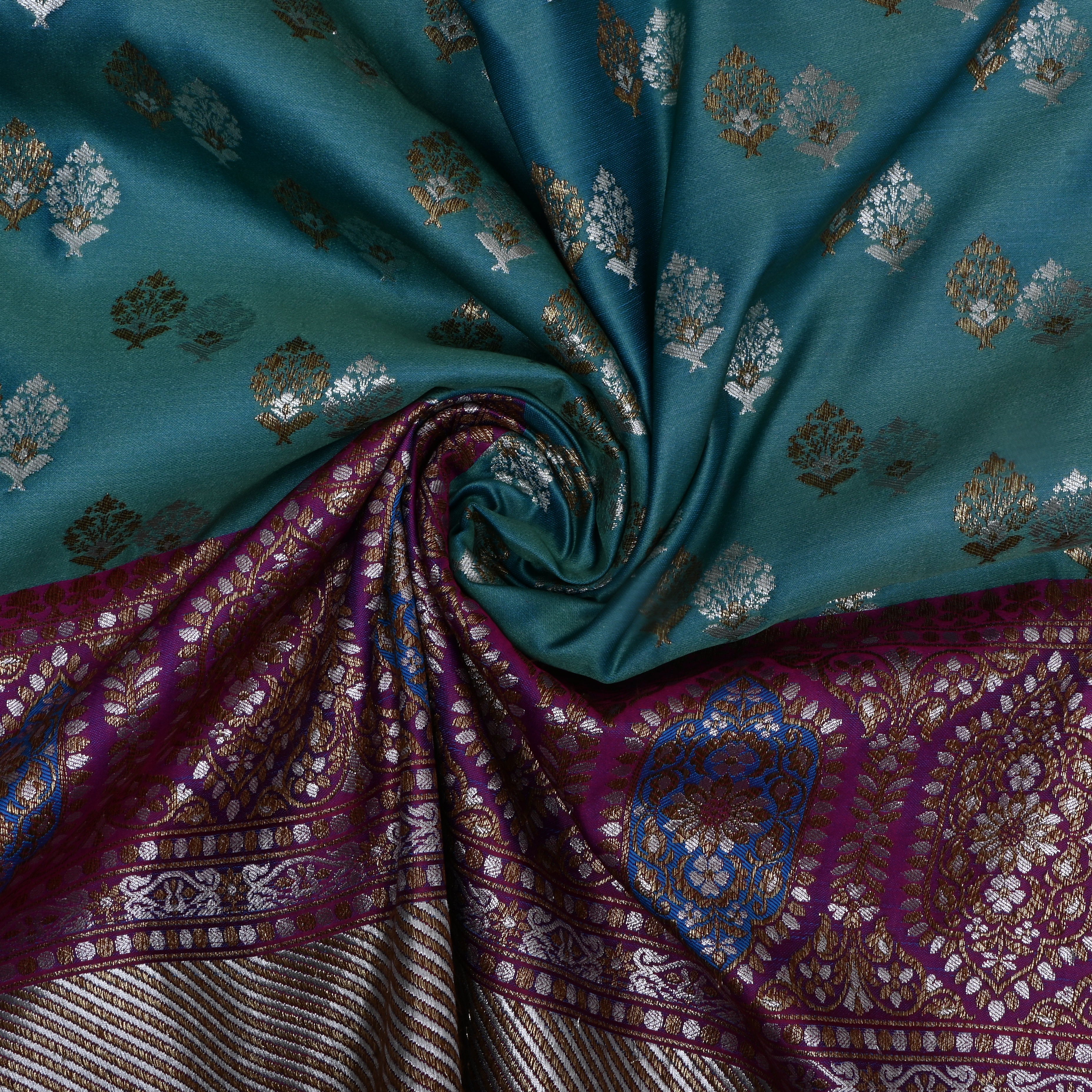 Blue Turquoise Zari Woven Satin Fabric