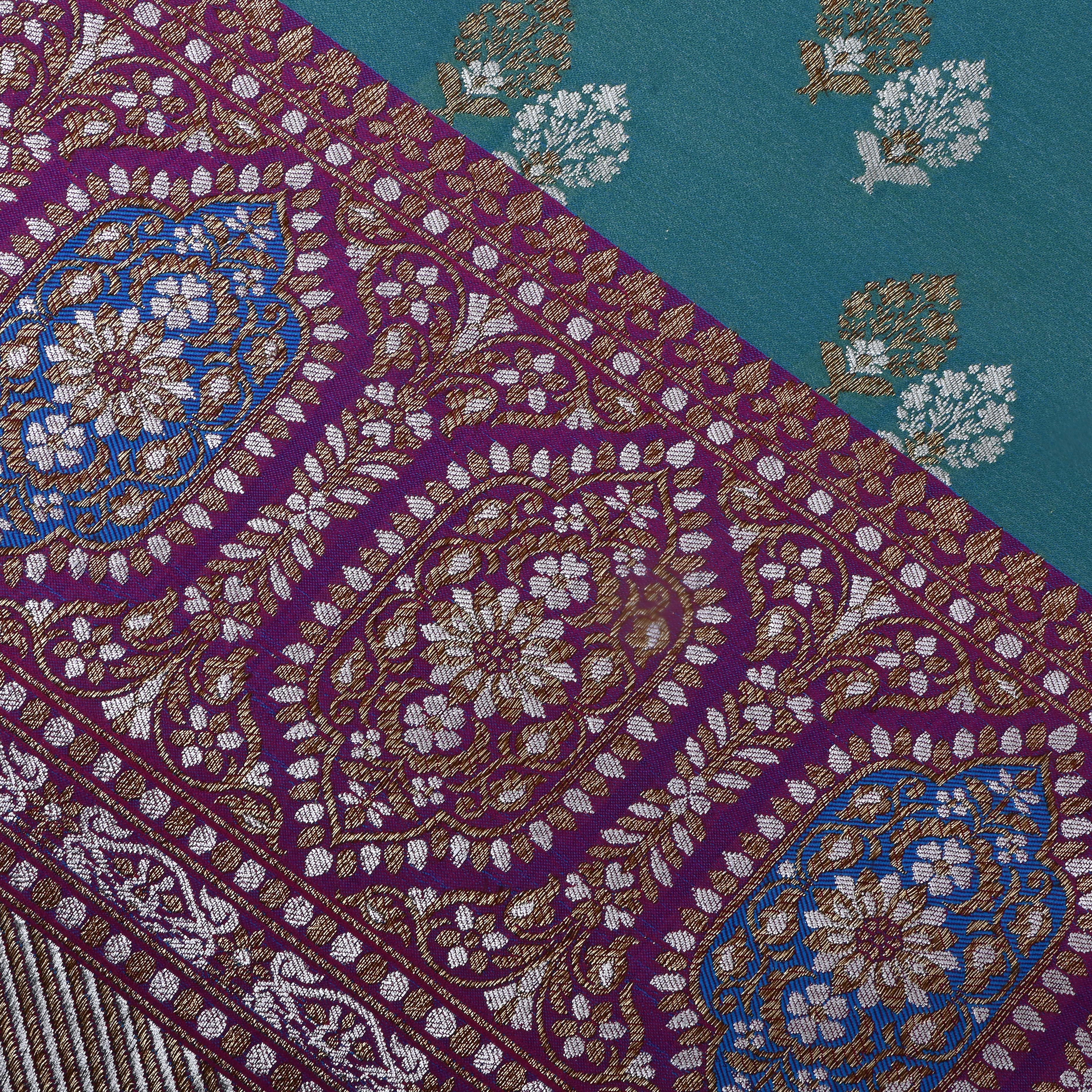 Blue Turquoise Zari Woven Satin Fabric