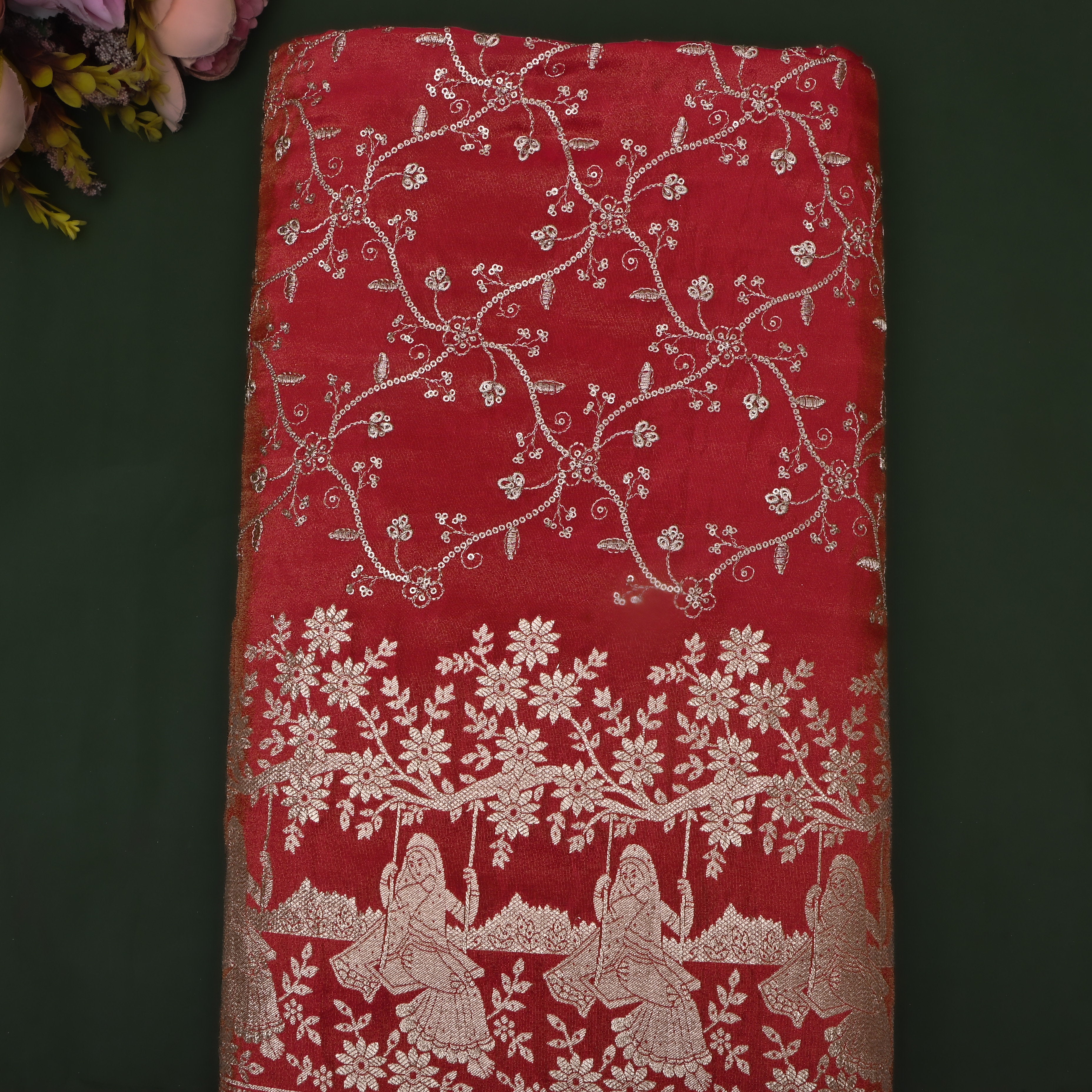 Crayon Red Zari Weave Tissue Fabric