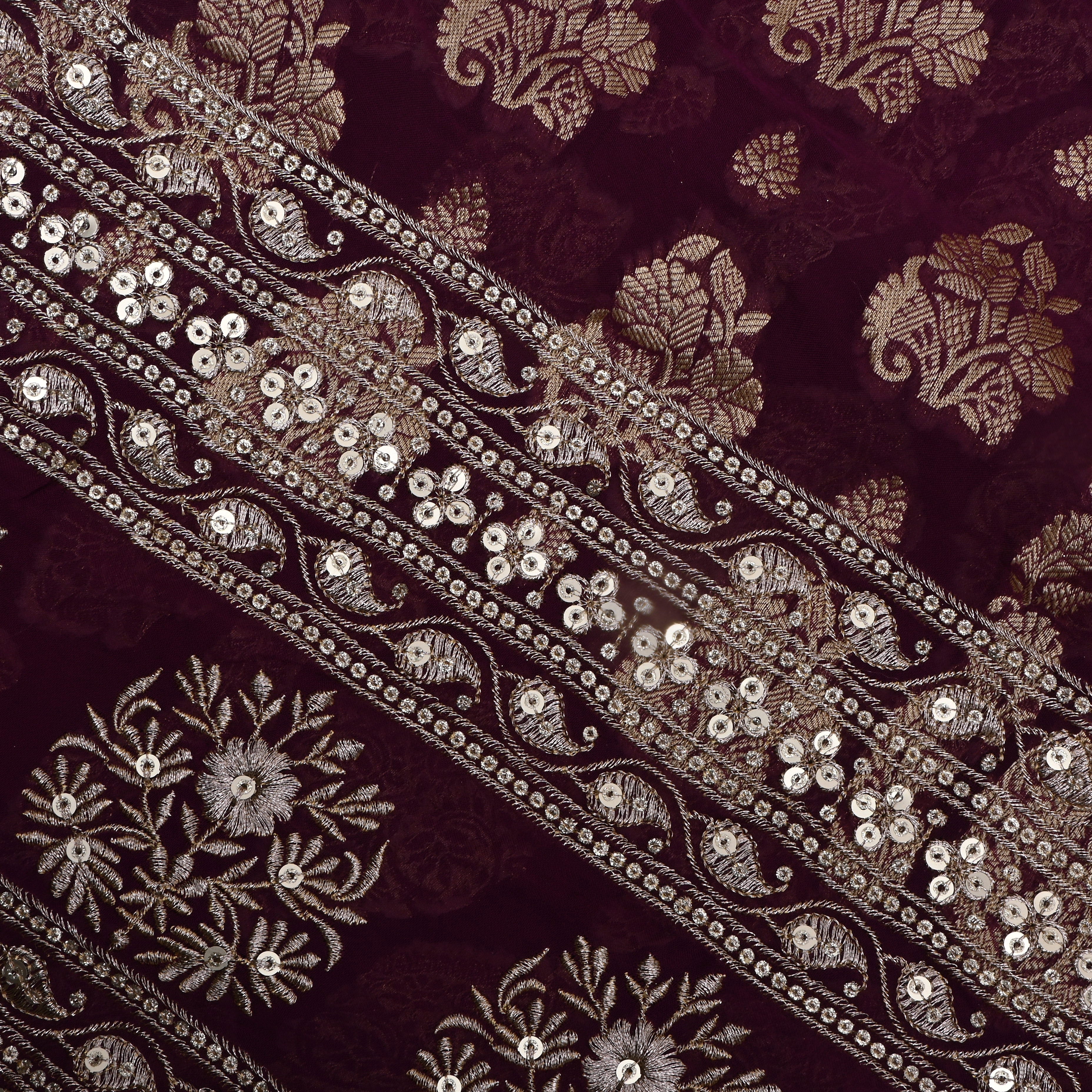 Plum Purple Floral Jamawar Organza Fabric