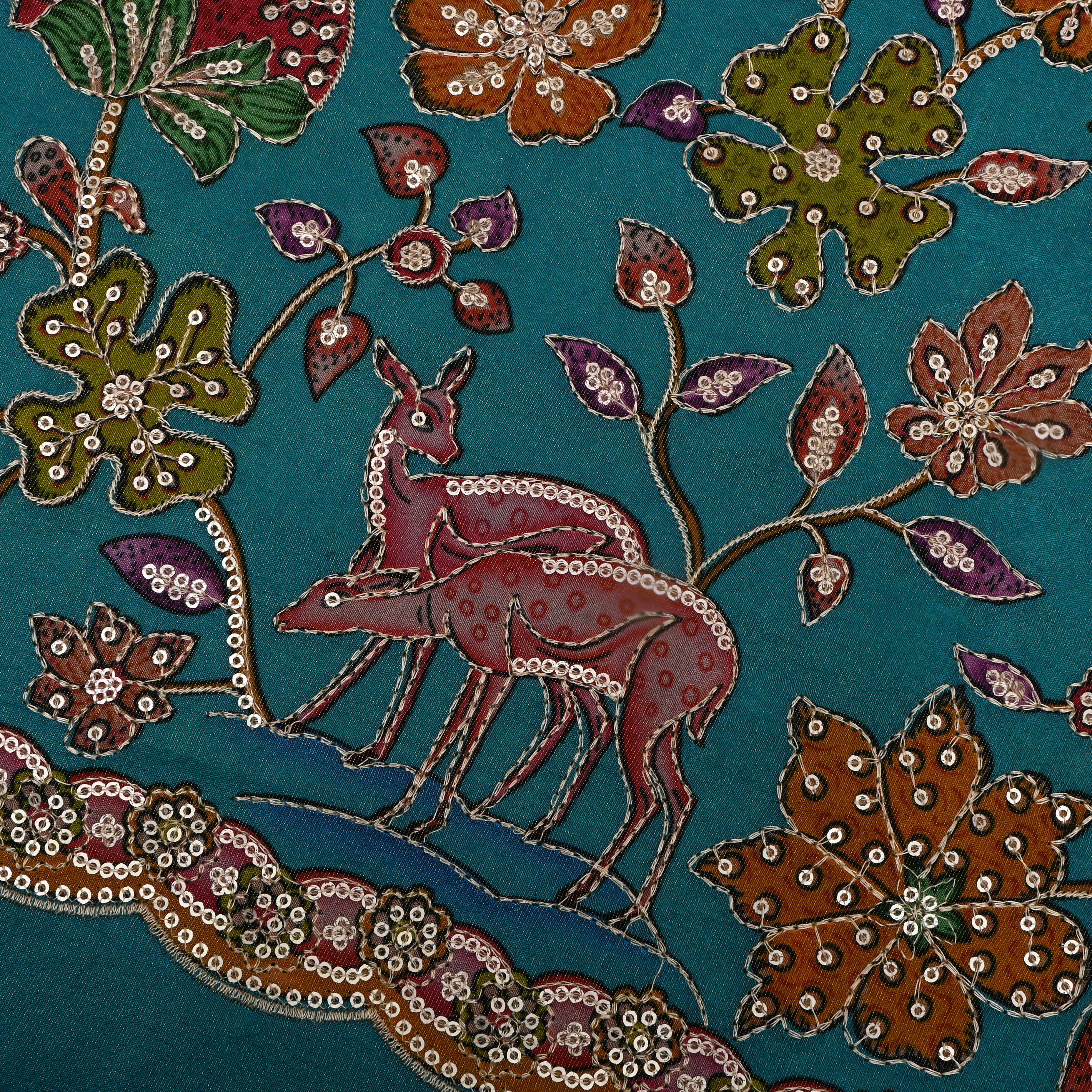 Turquoise Pichwai Print Tissue Fabric