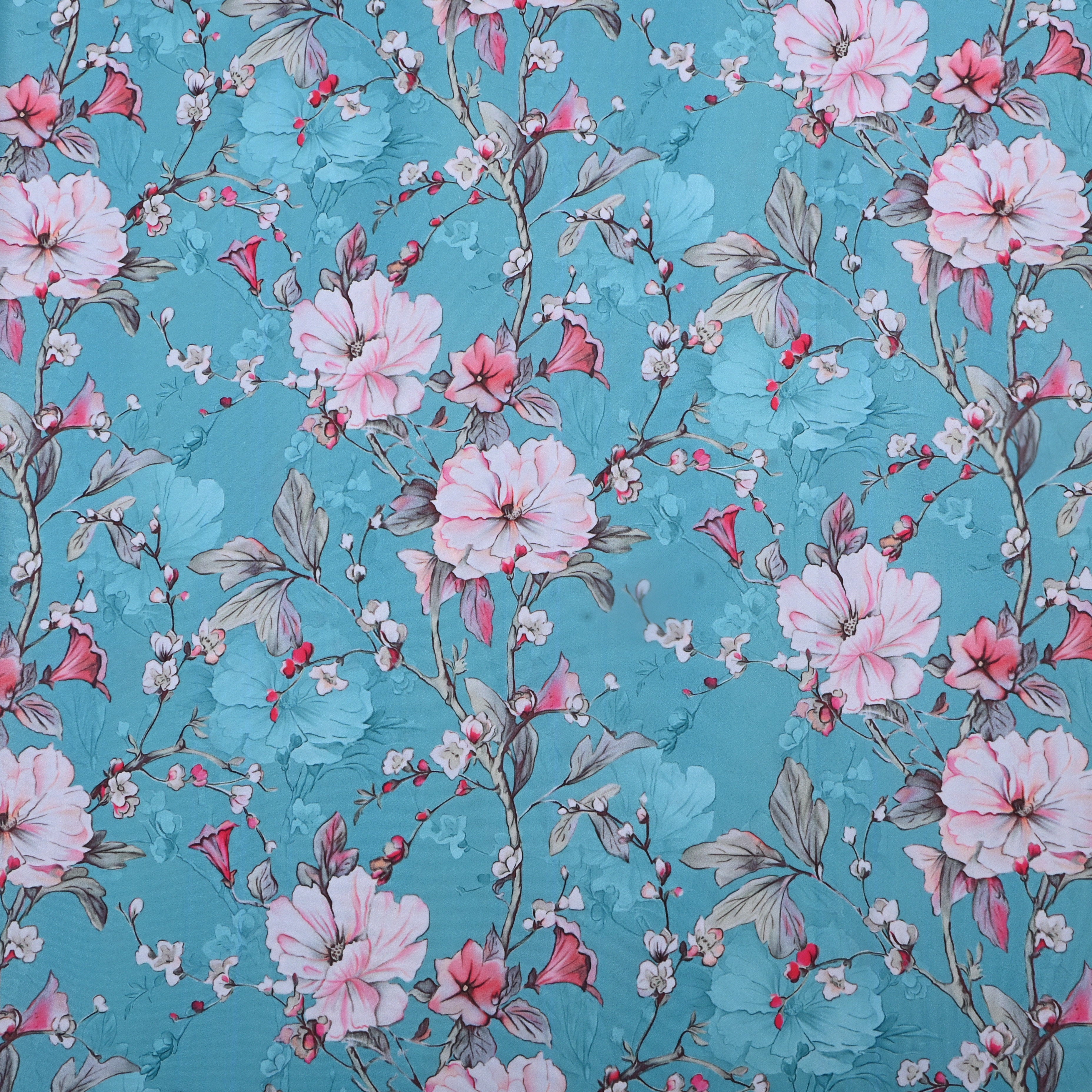 Light Sea Blue Floral Printed Silk Fabric