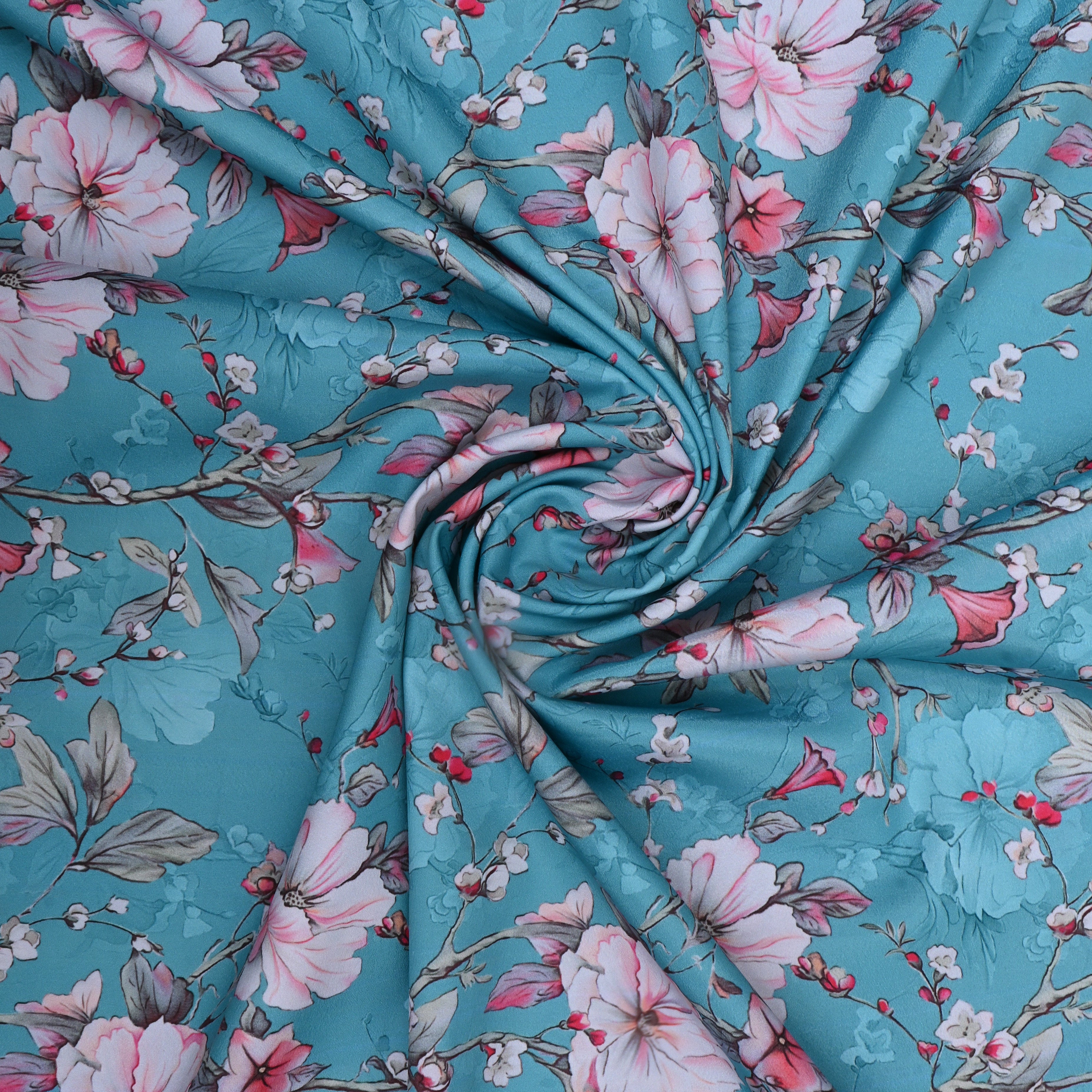 Light Sea Blue Floral Printed Silk Fabric