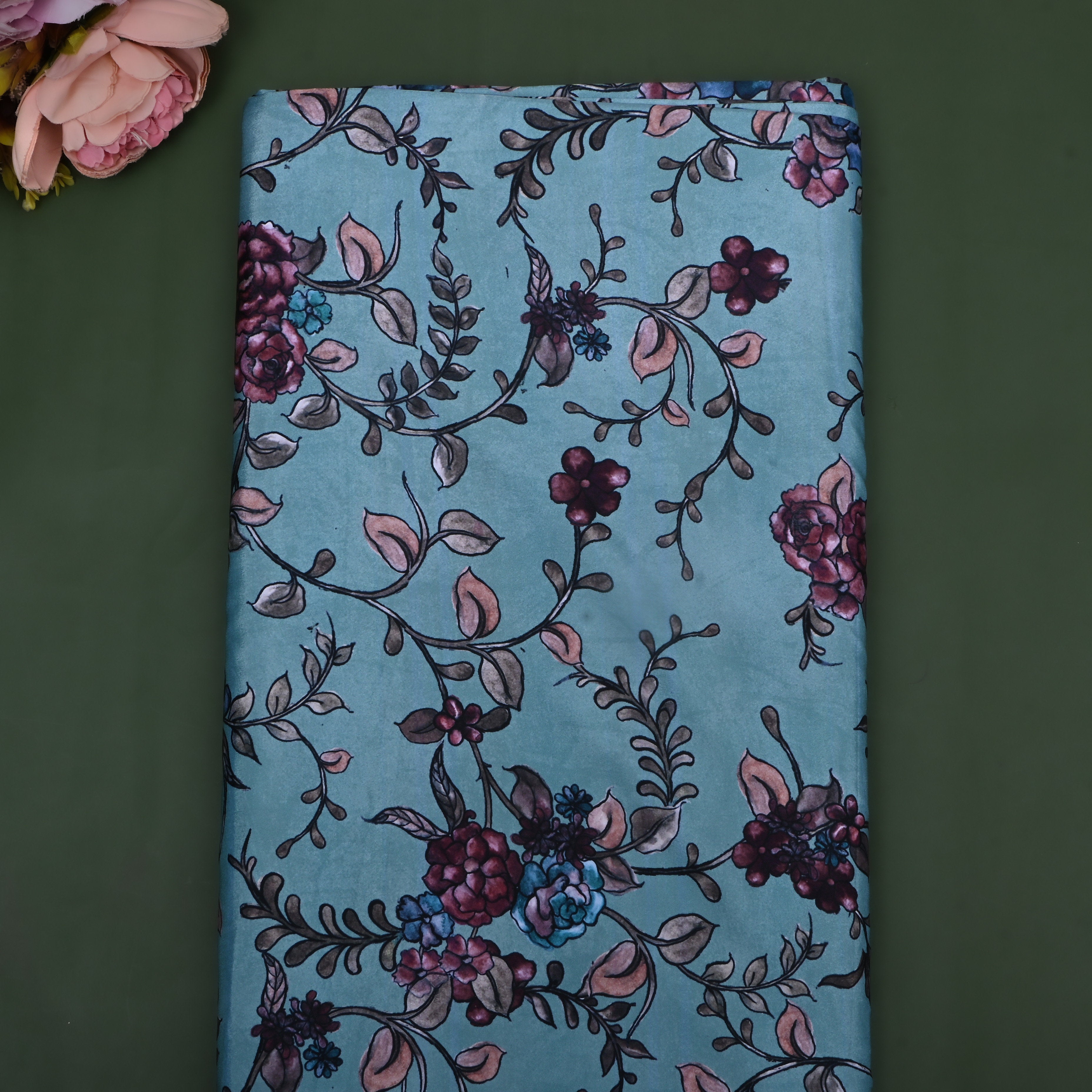 Turquoise Blue Floral Printed Silk Fabric