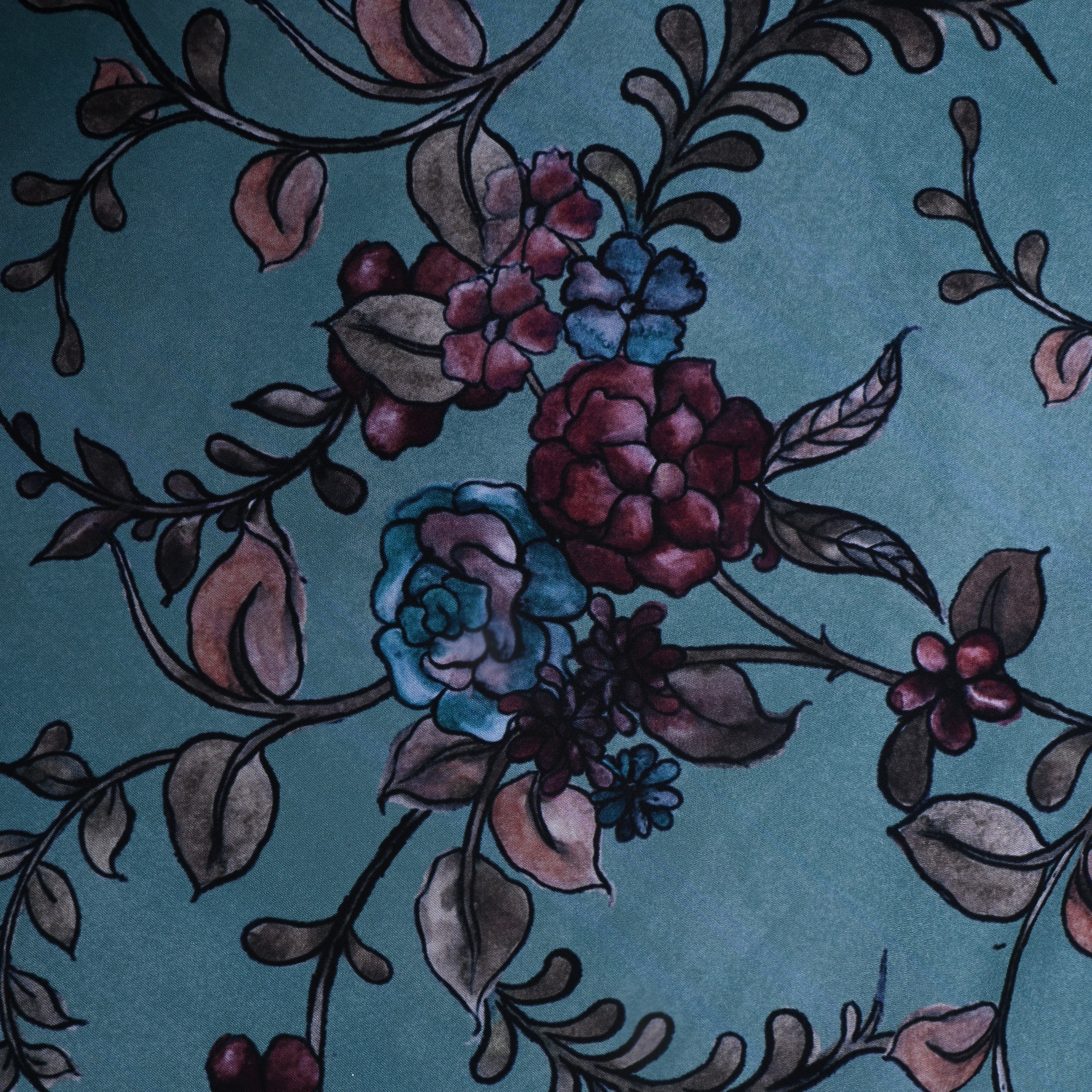Turquoise Blue Floral Printed Silk Fabric