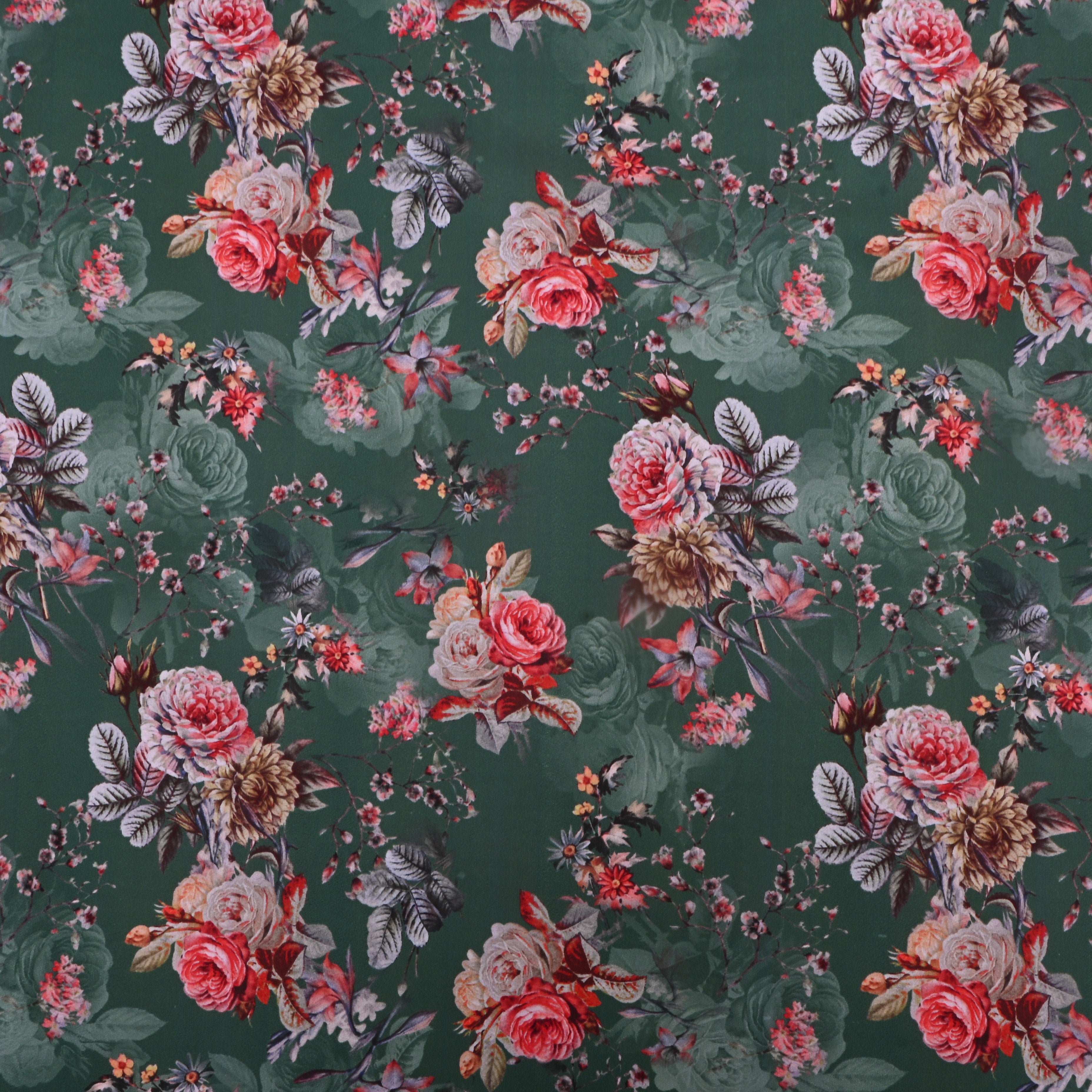 Pine Green Printed Floral Silk Fabric
