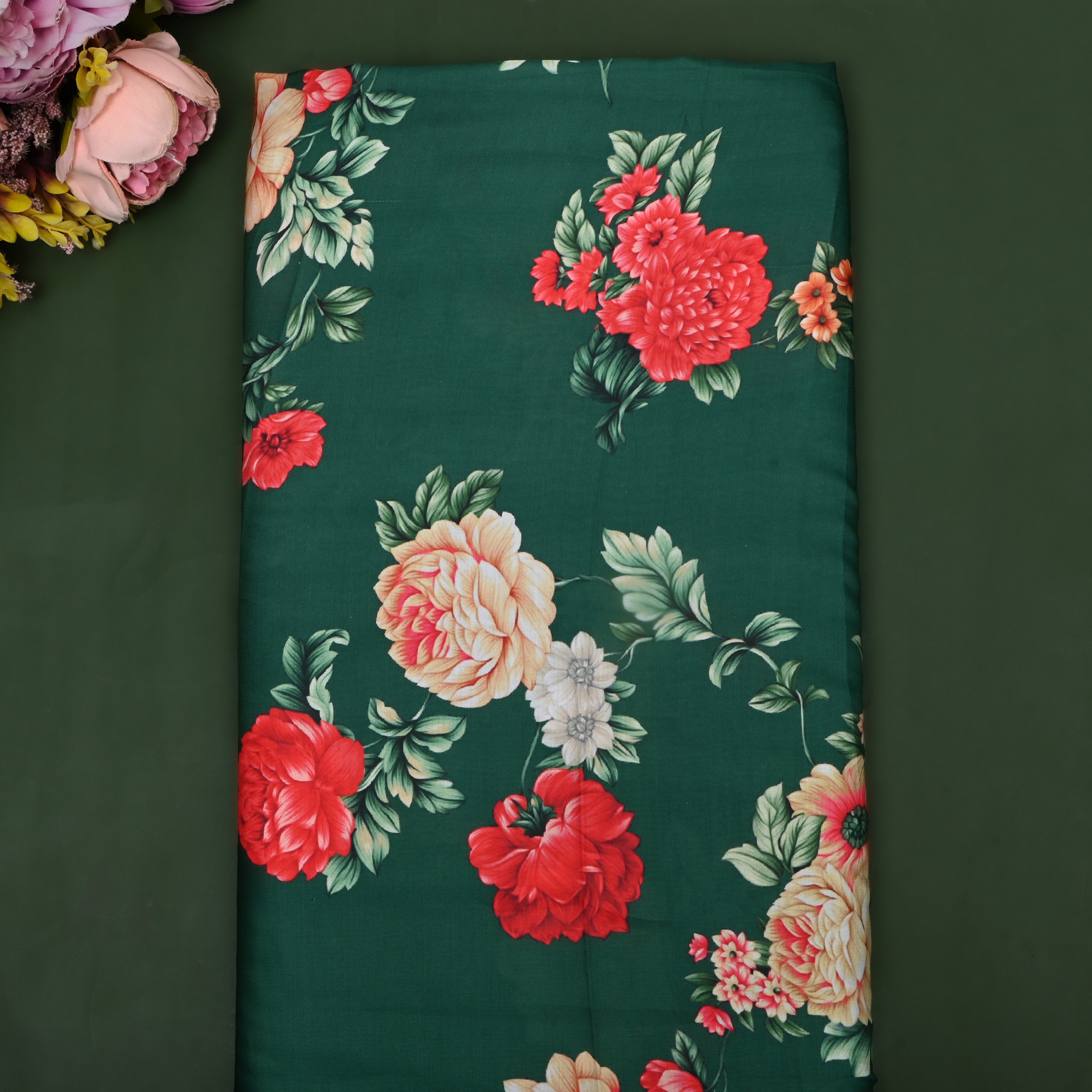 Bottle Green Floral Printed Silk Fabric