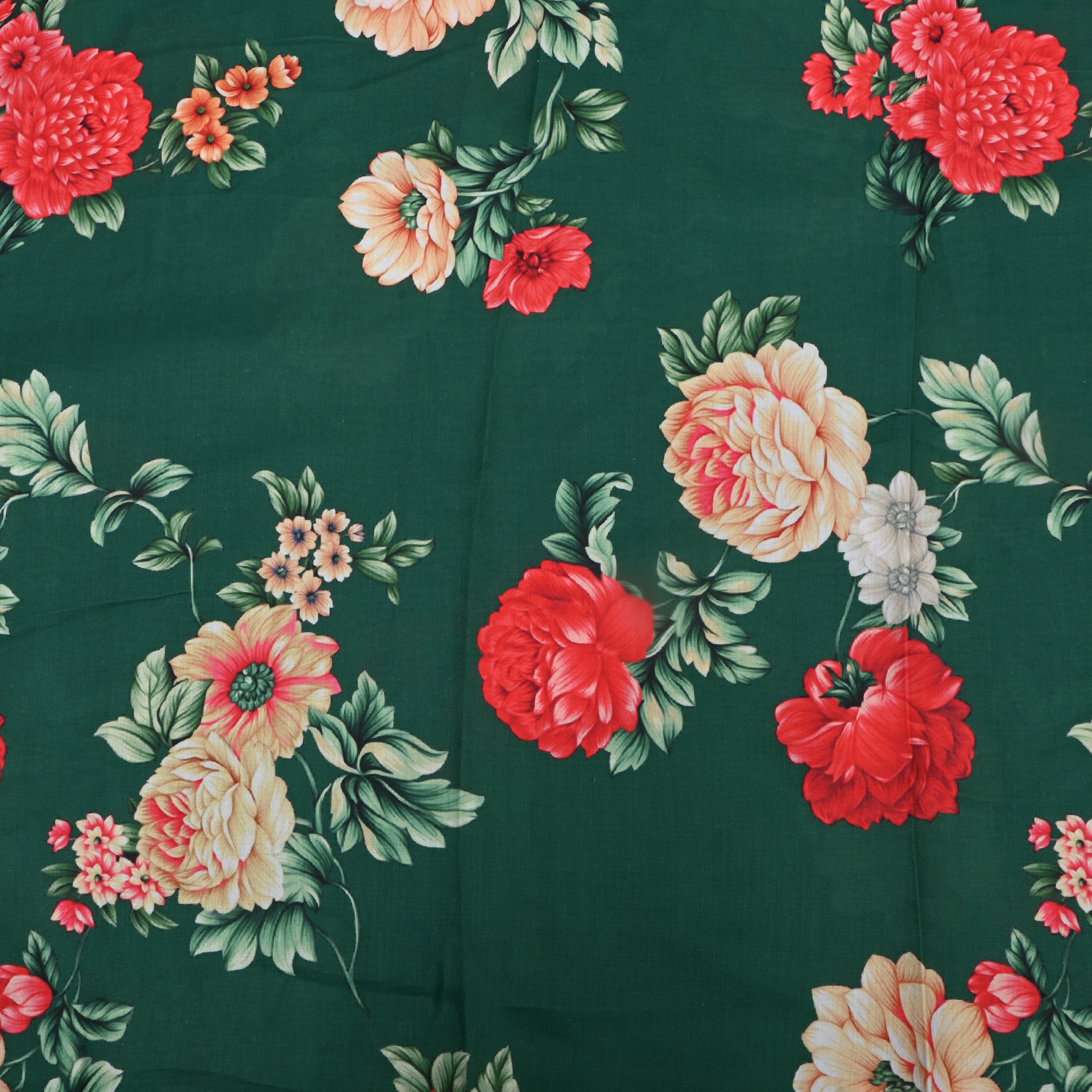 Bottle Green Floral Printed Silk Fabric