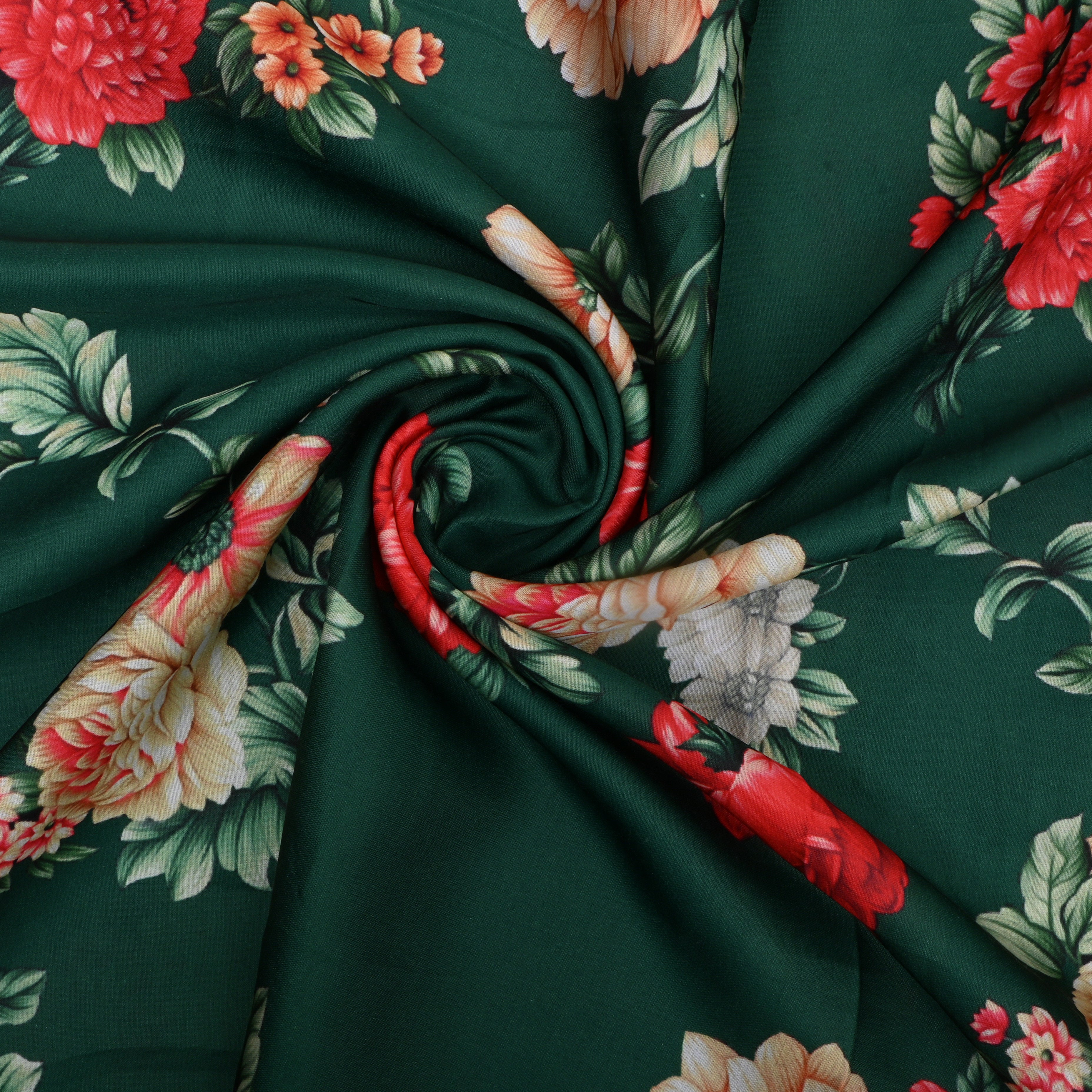 Bottle Green Floral Printed Silk Fabric