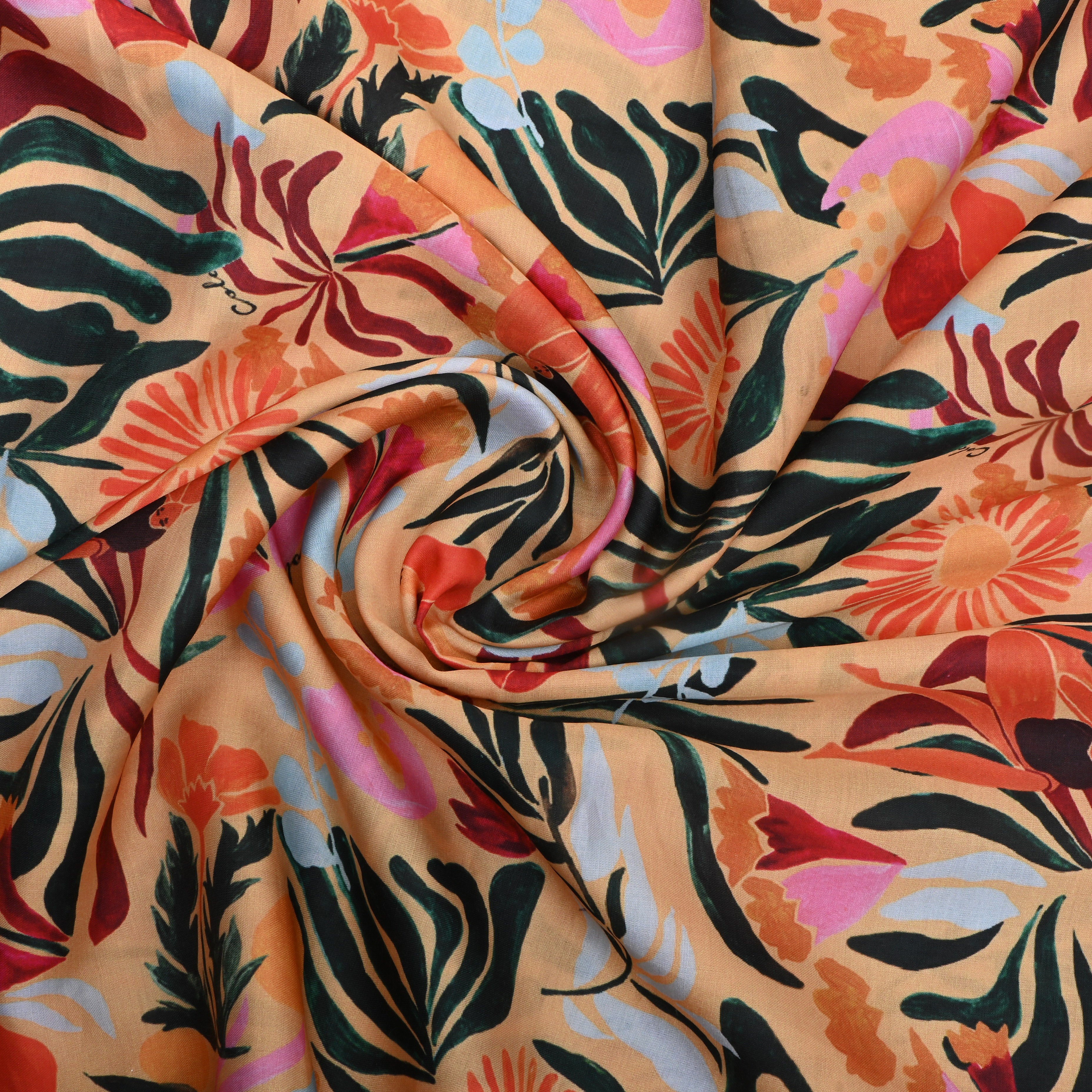 Yellow Multicolour Floral Printed Silk Fabric