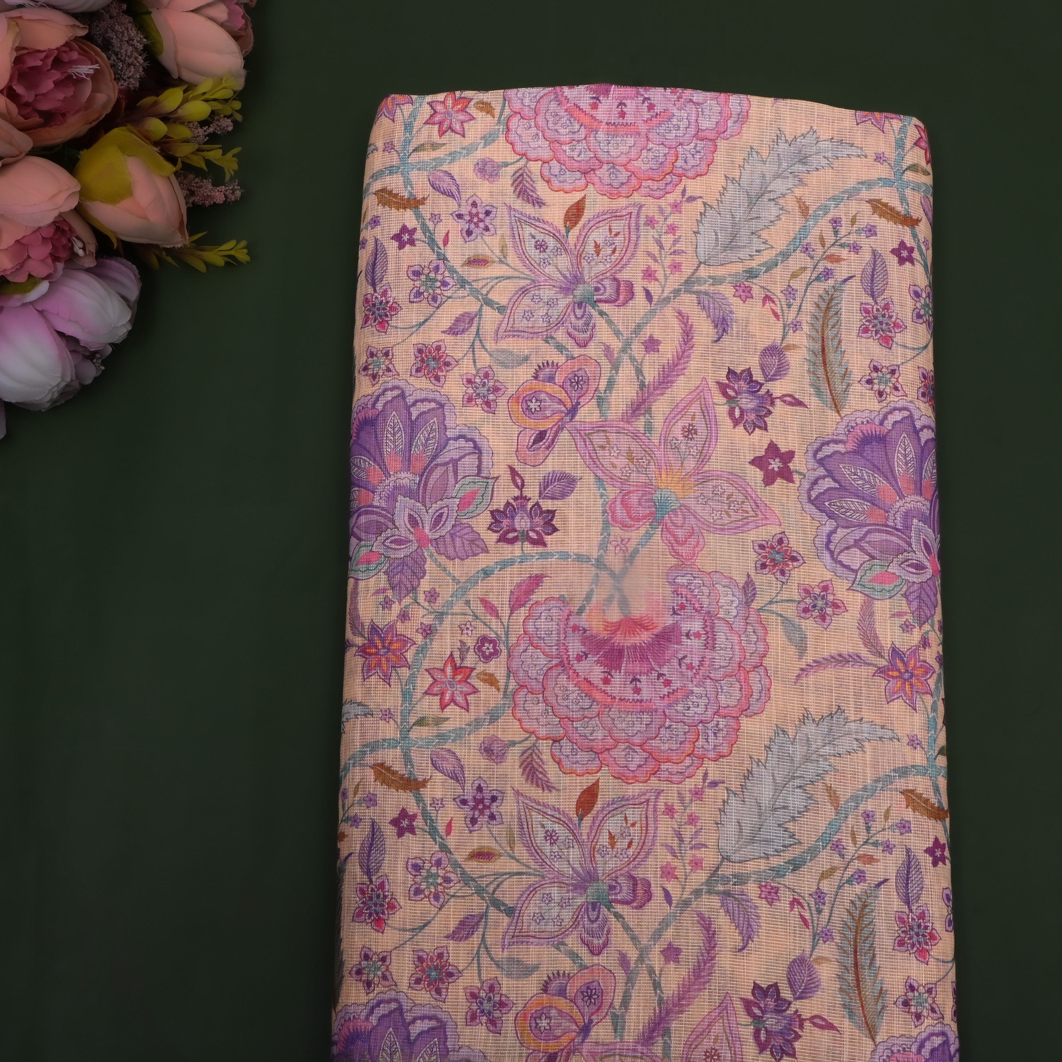 Peach Yellow Floral Printed Tissue Fabric