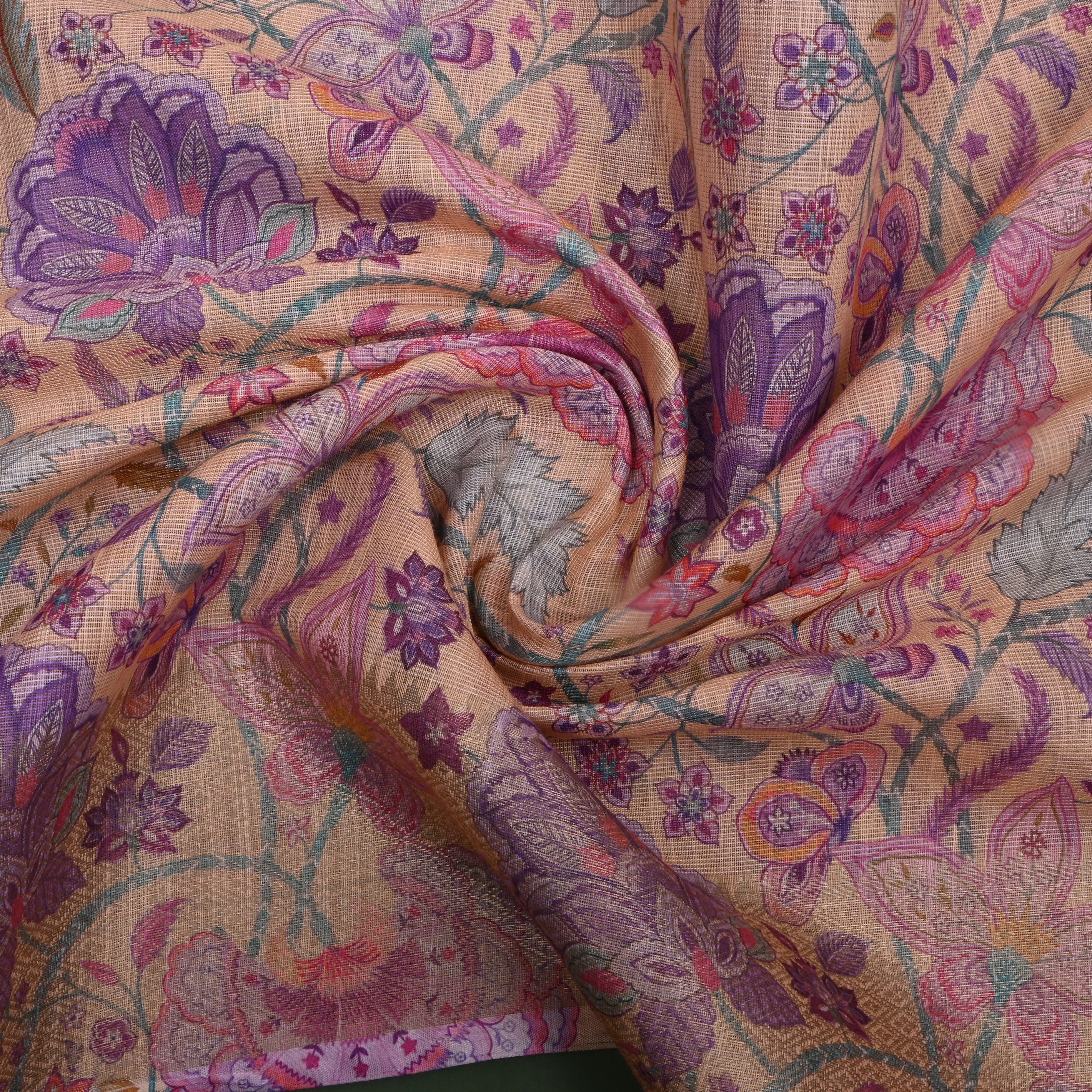 Peach Yellow Floral Printed Tissue Fabric