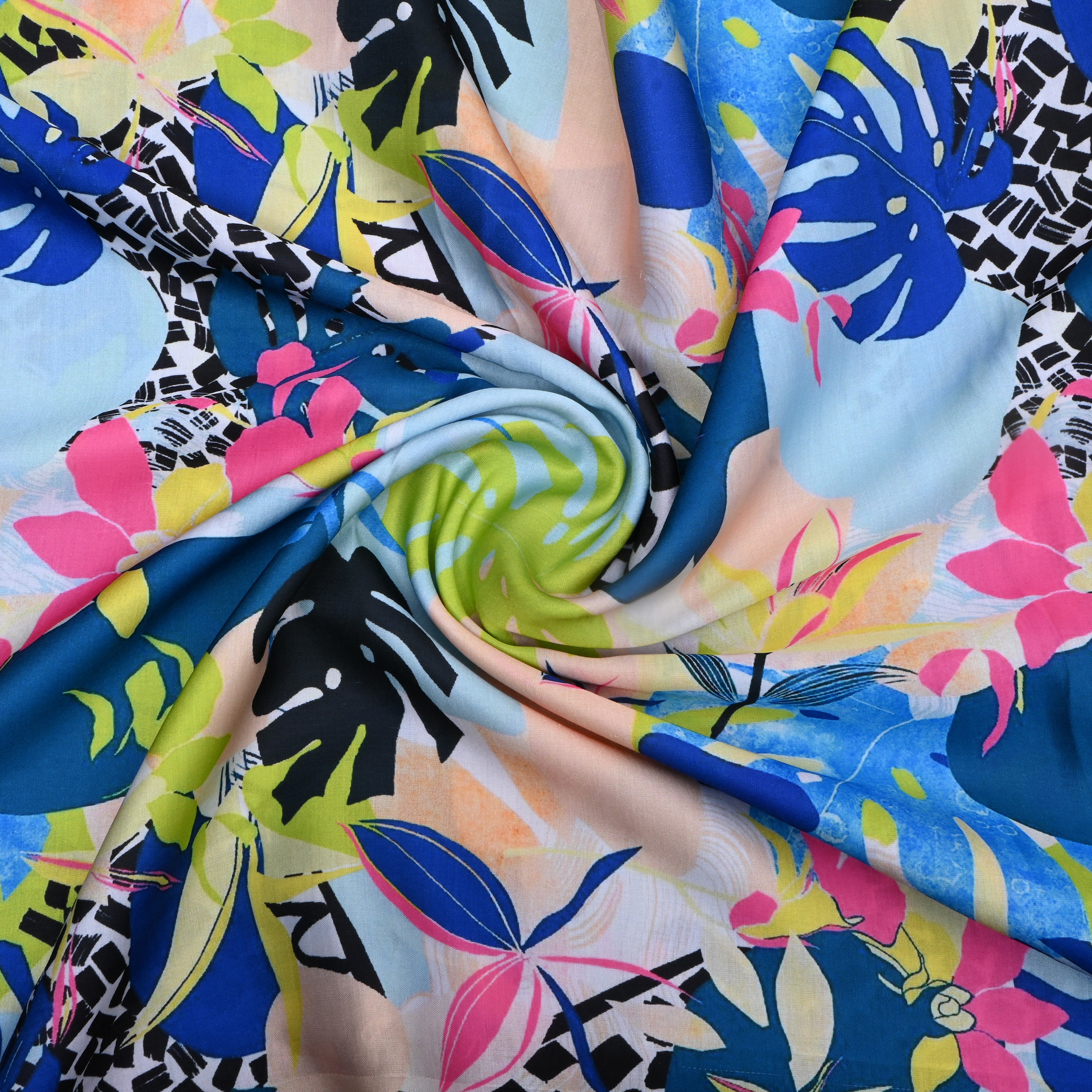Blue Multicolour Floral Printed Silk Fabric