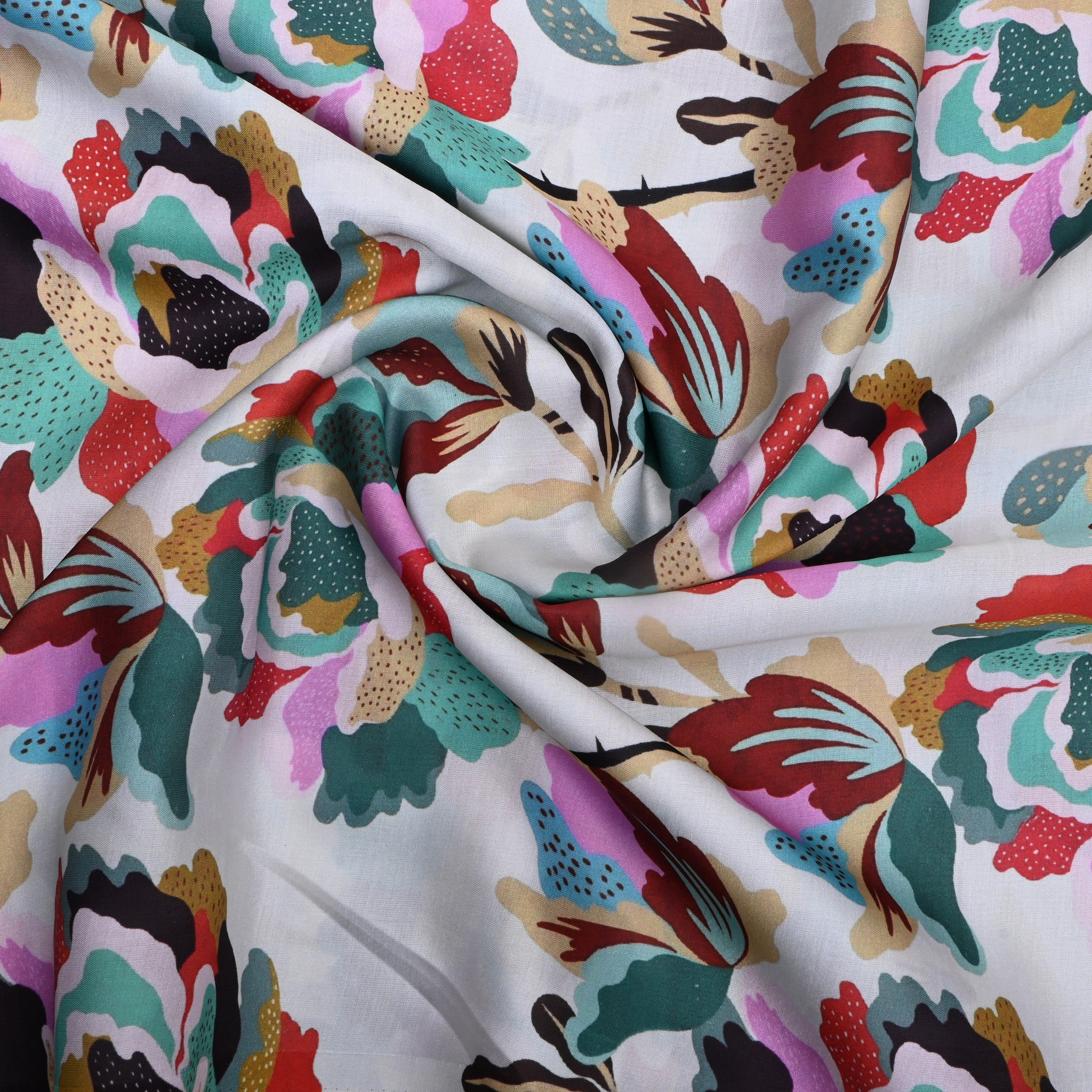 Off-White Floral Printed Silk Fabric