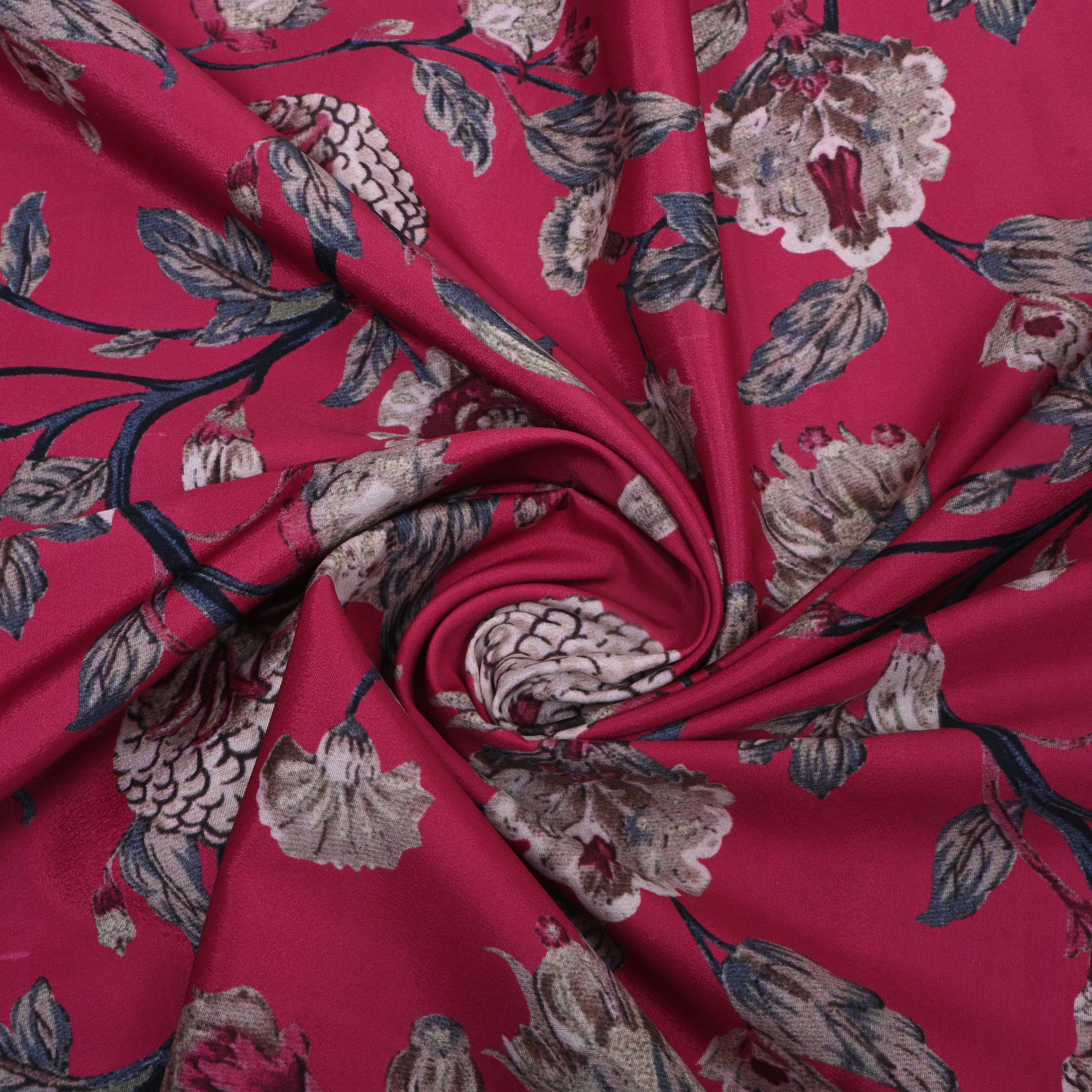 Deep Carnation Pink Floral Printed Silk Fabric