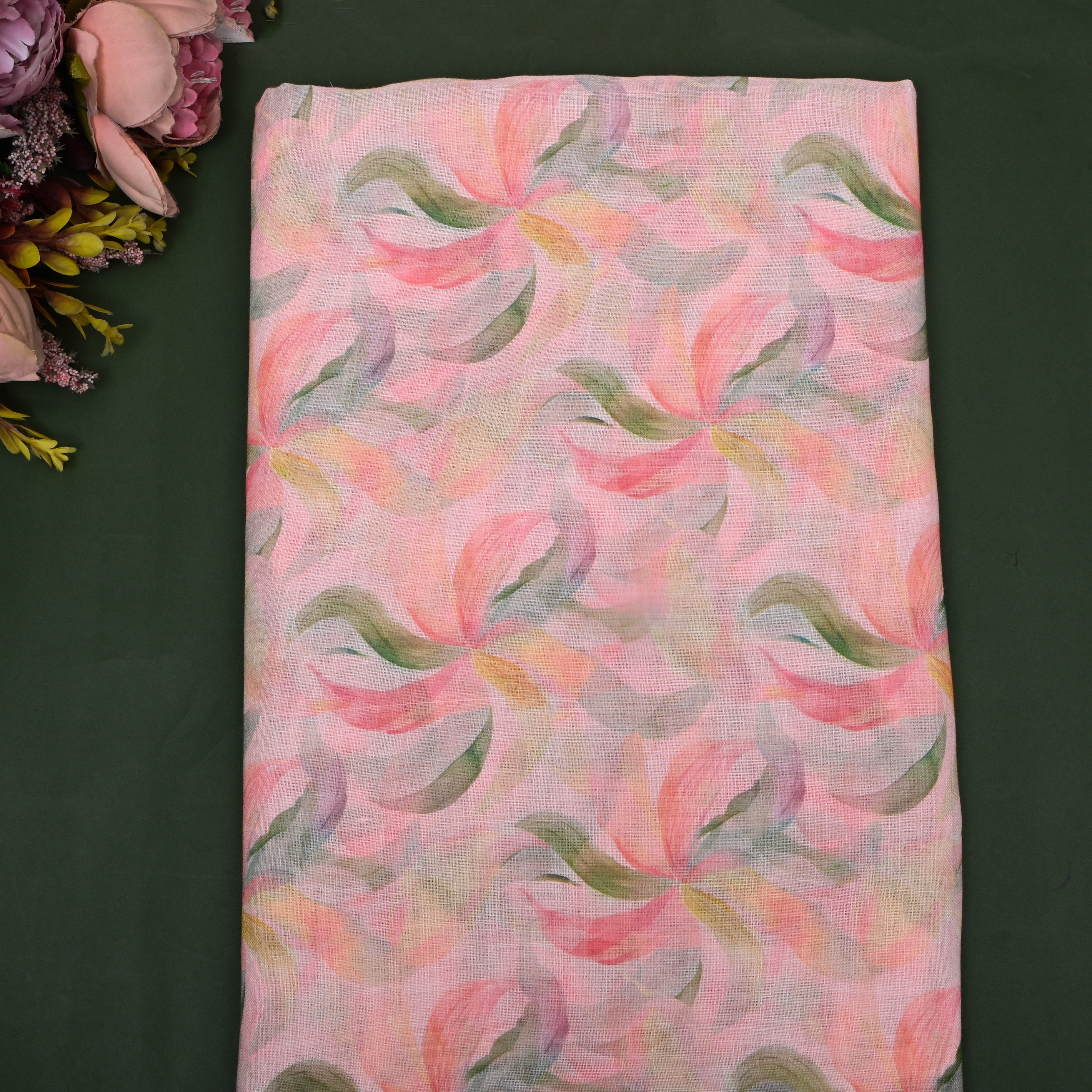 Soft Pink Floral Printed Linen Fabric