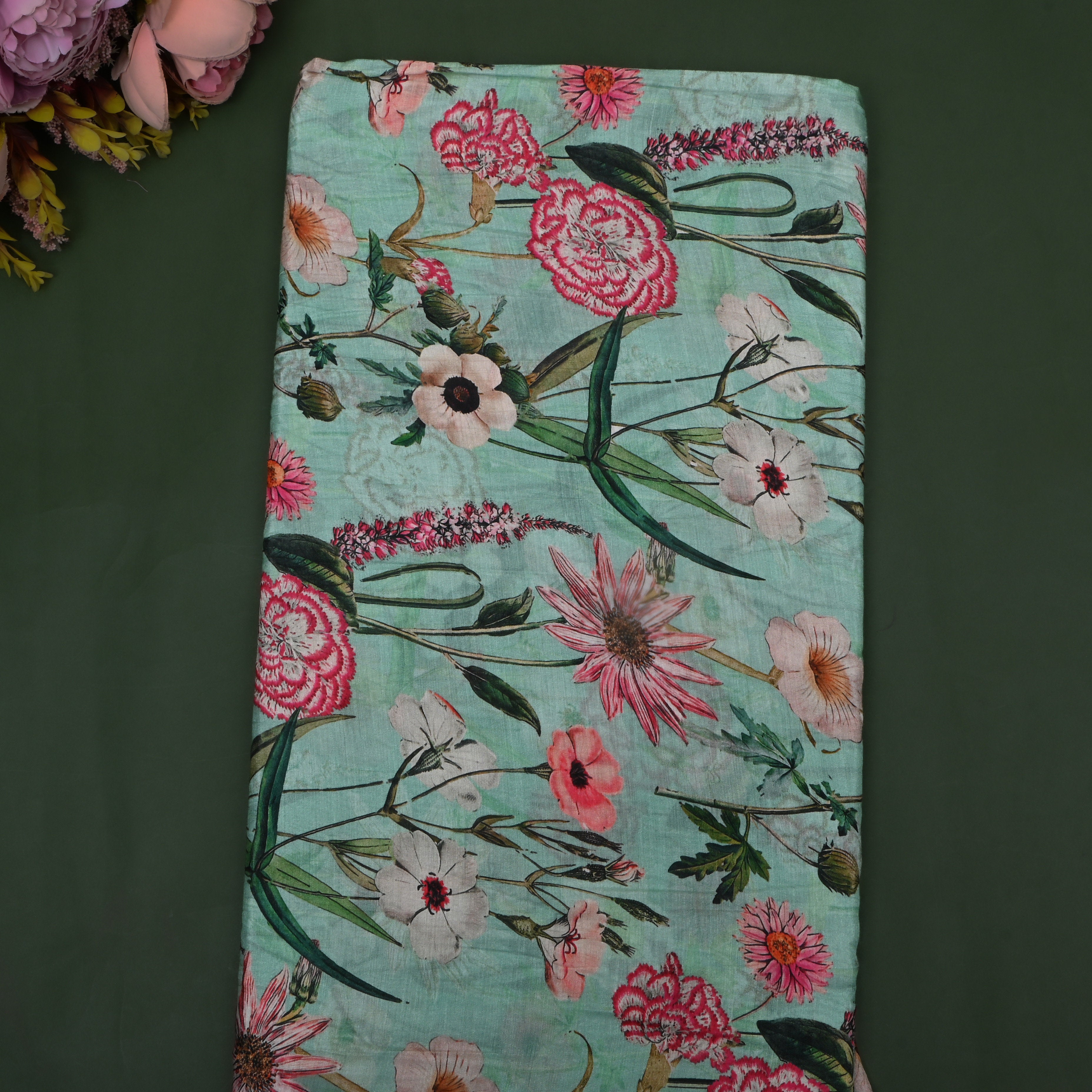 Aqua Green Floral Printed Silk Fabric