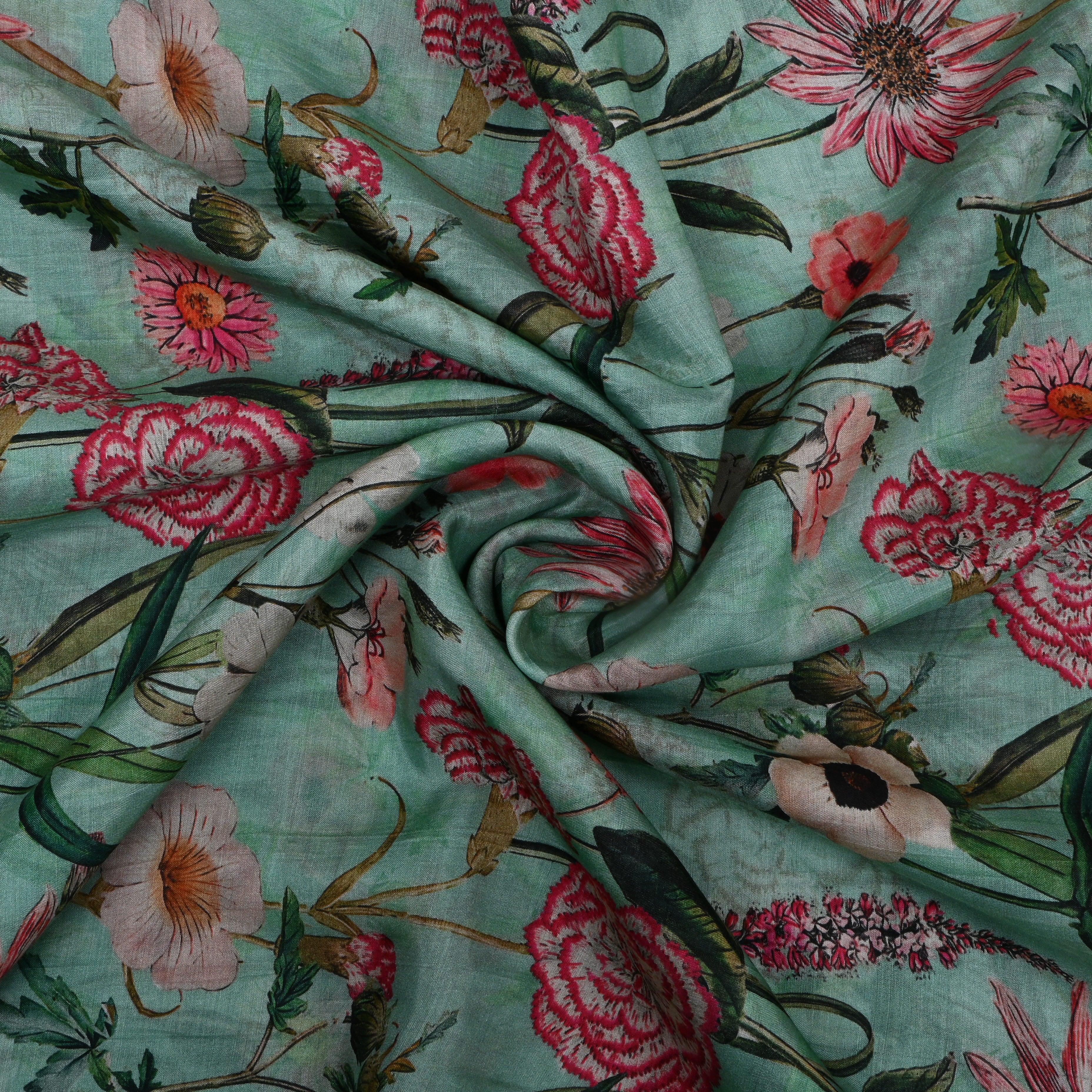 Aqua Green Floral Printed Silk Fabric