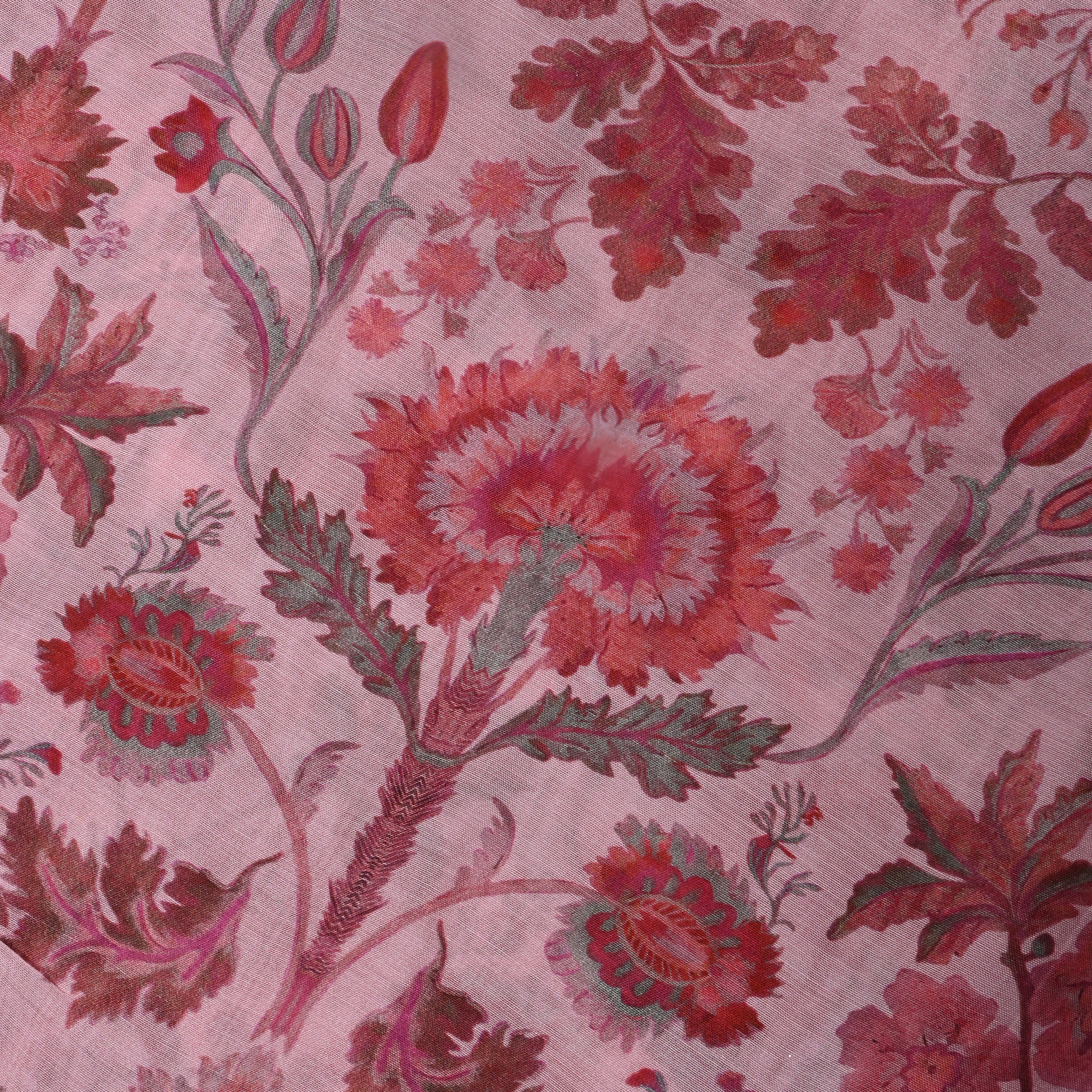 Flamingo Pink Floral Printed Chanderi Fabric