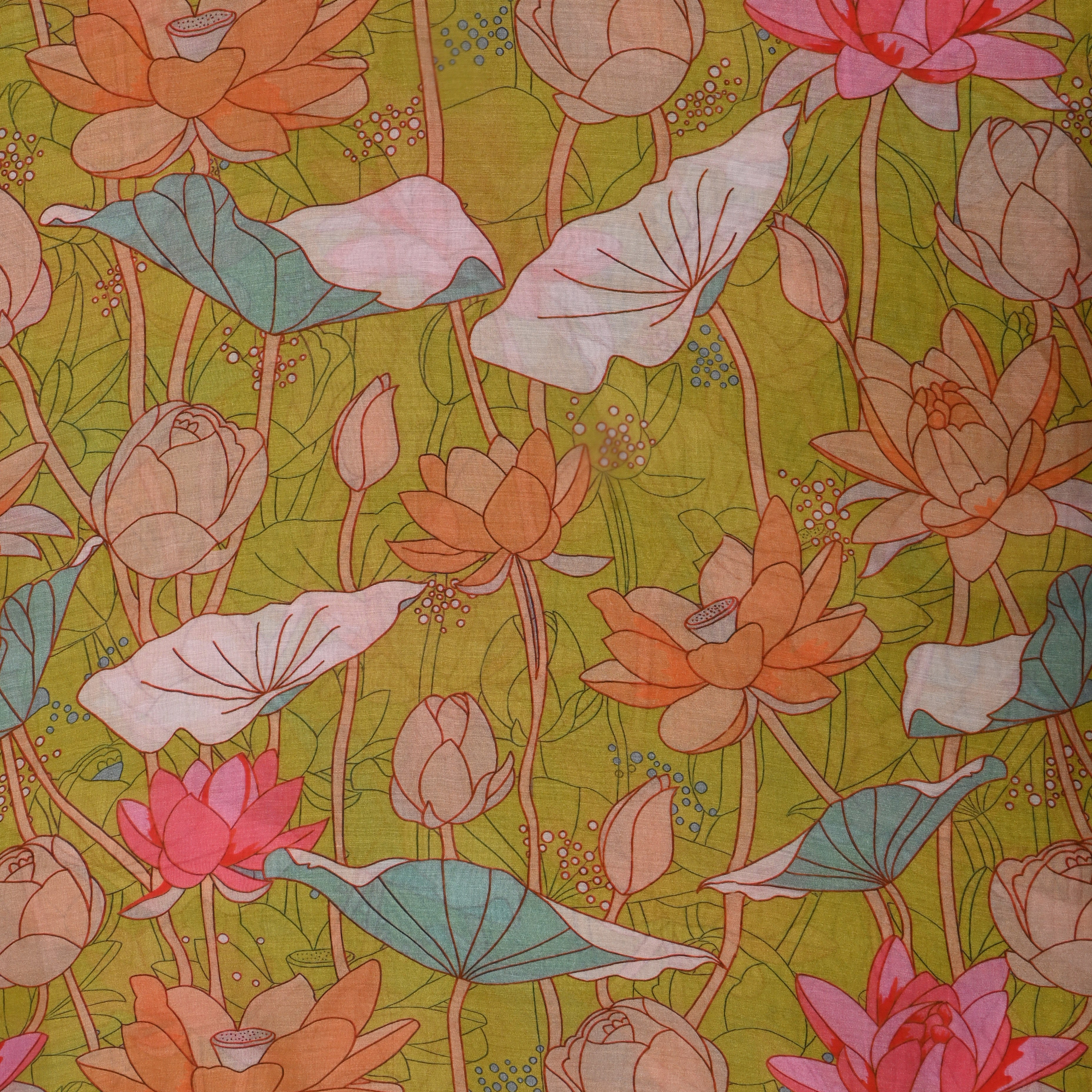 Earthy Green Lotus Printed Silk Fabric