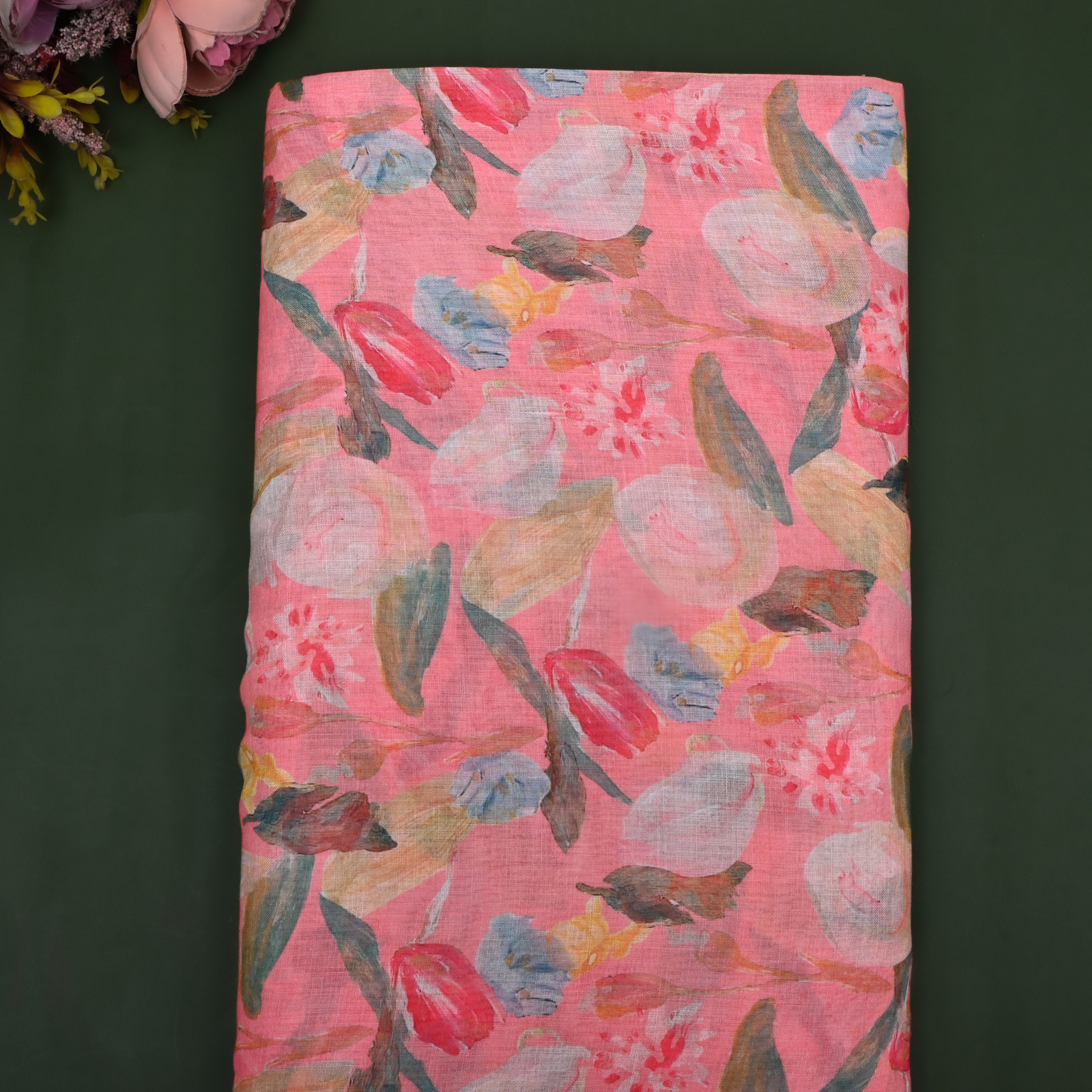 Flamingo Pink Floral Printed Linen Fabric