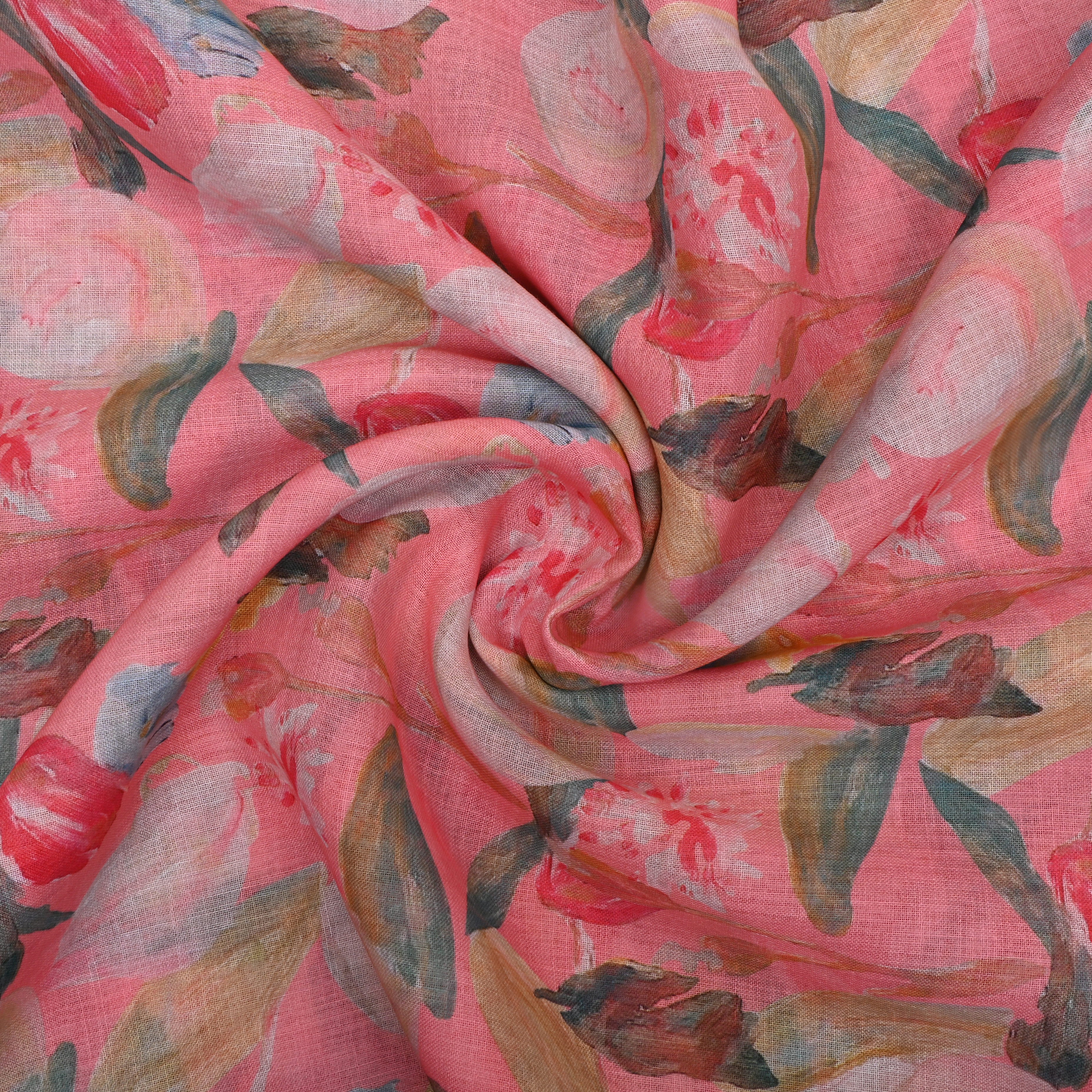 Flamingo Pink Floral Printed Linen Fabric