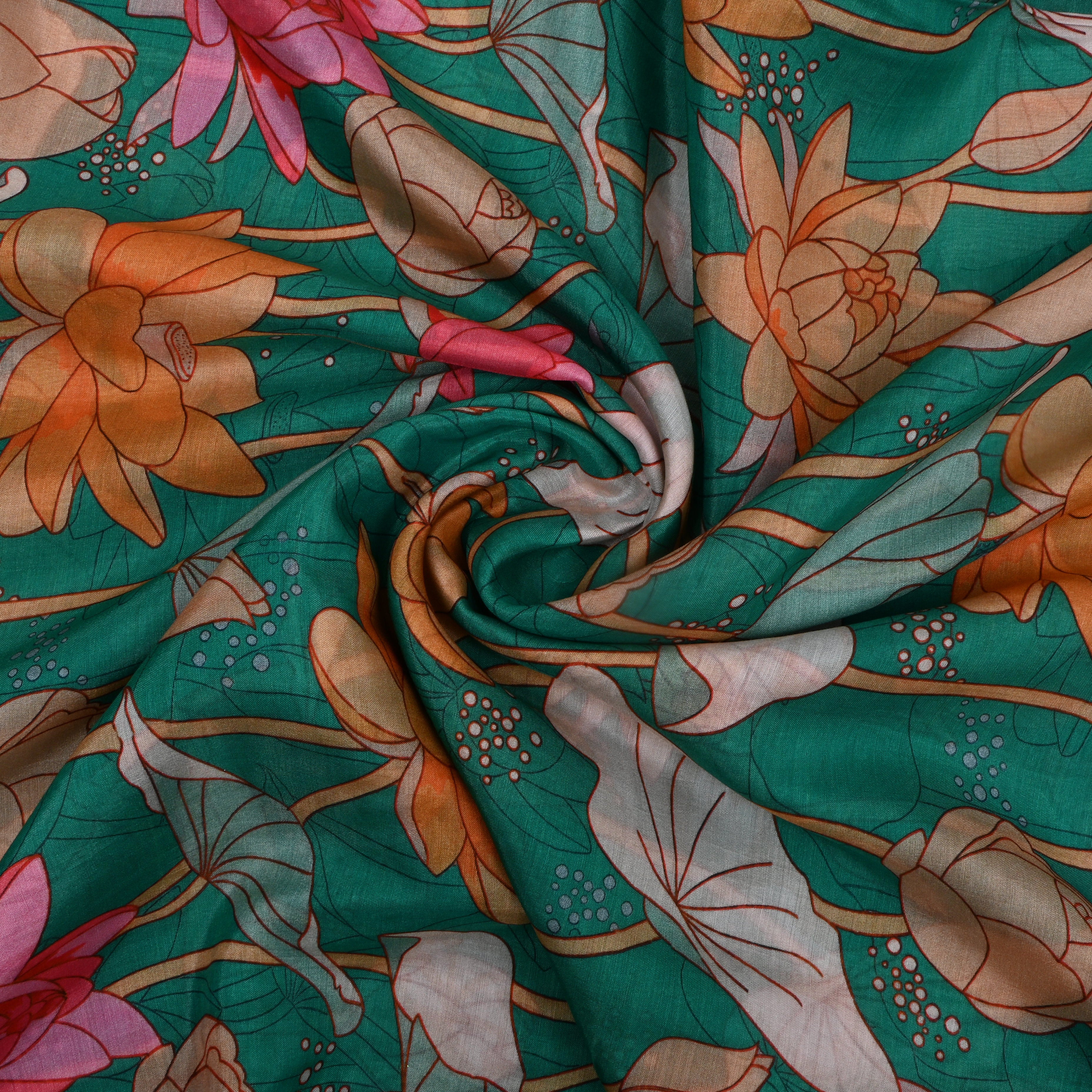 Teal Blue Lotus Printed Silk Fabric