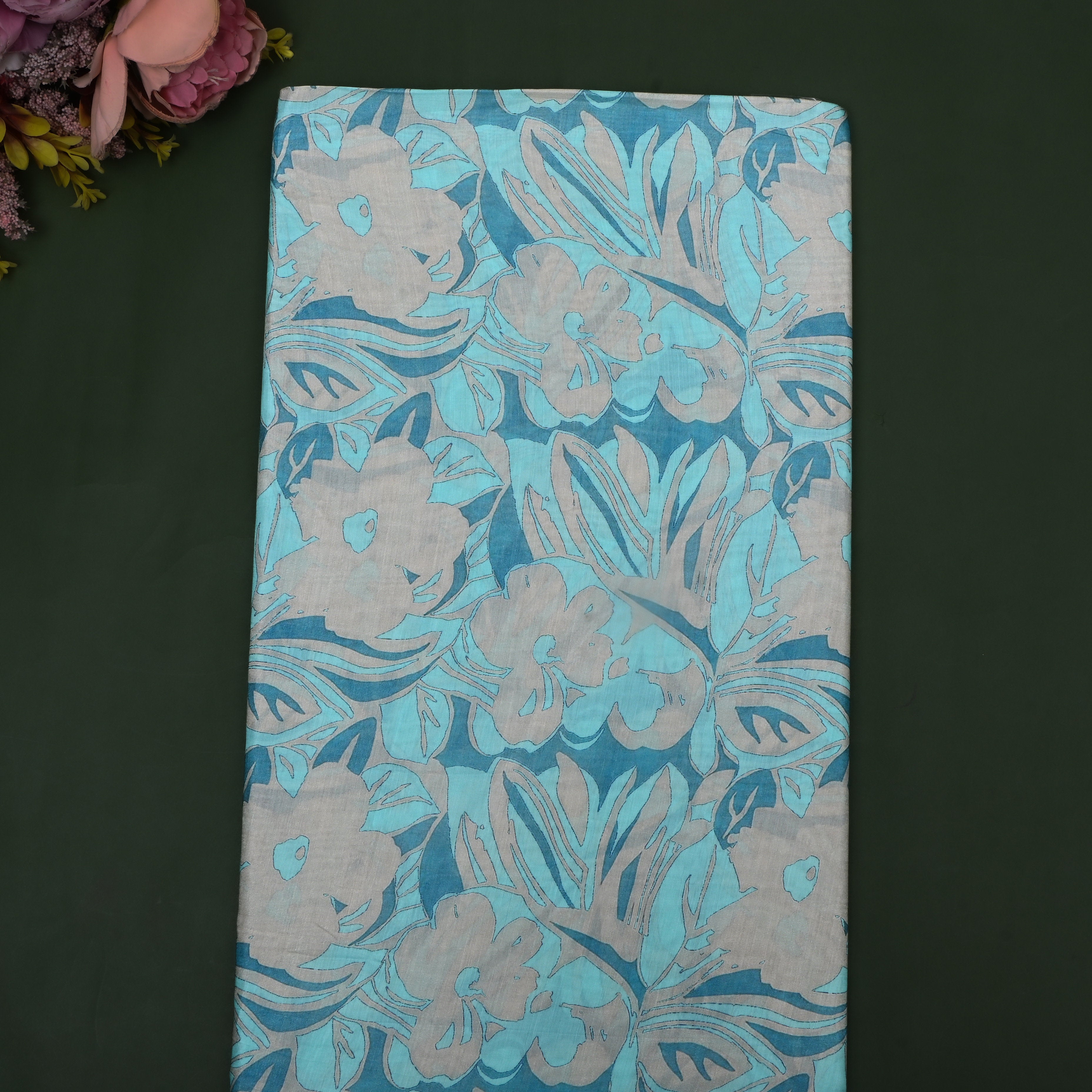 Turquoise Blue Floral Printed Silk Fabric