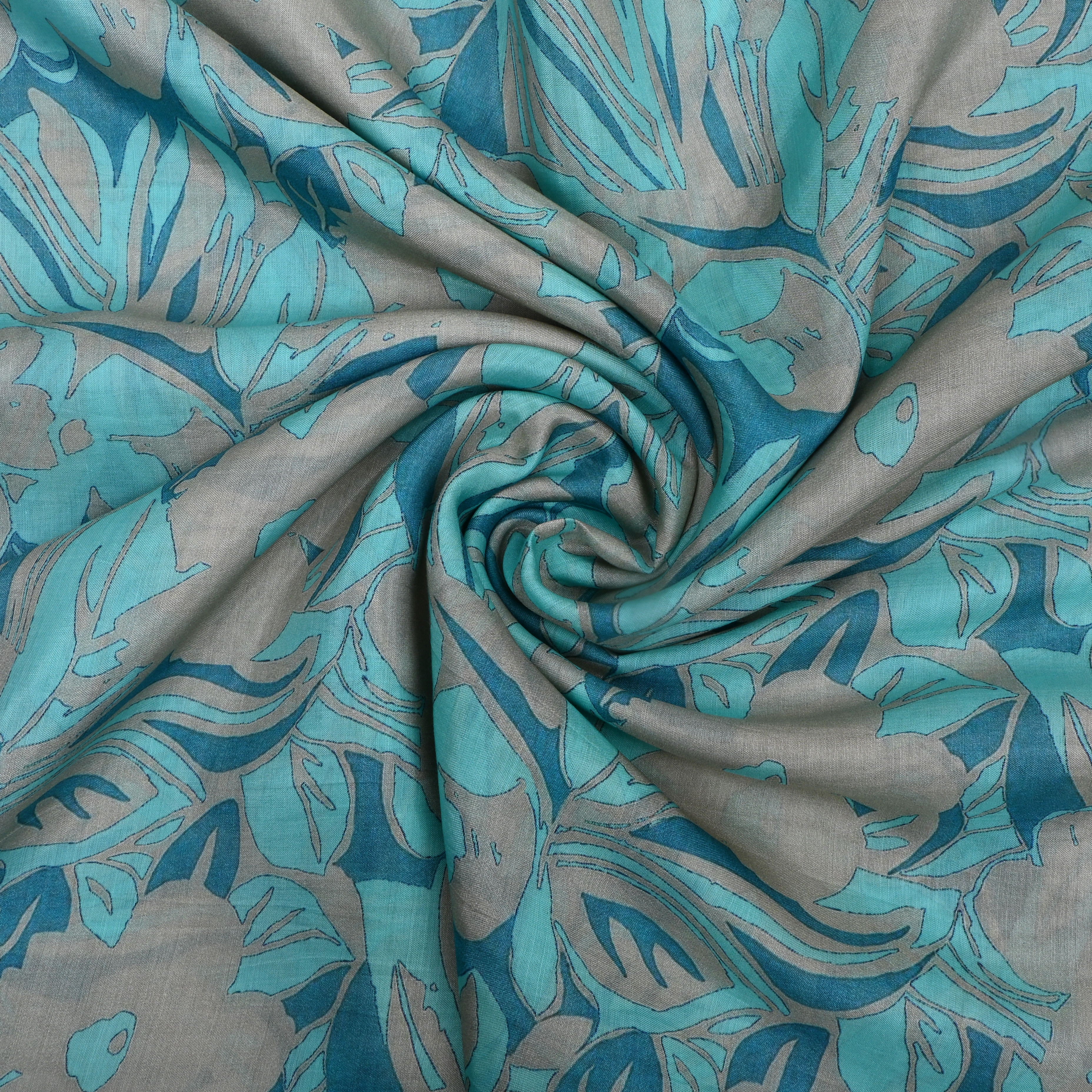Turquoise Blue Floral Printed Silk Fabric