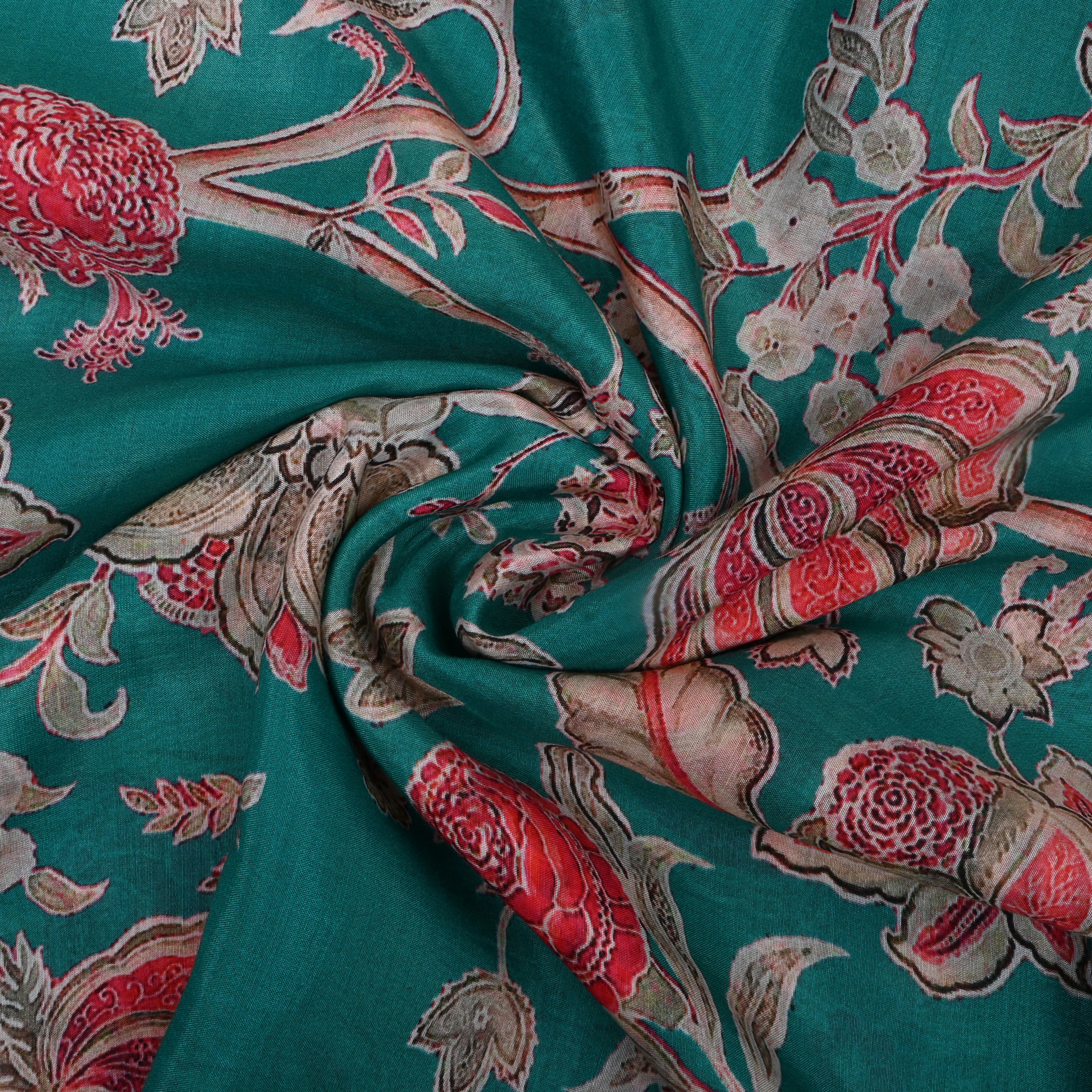 Teal Blue Floral Printed Silk Fabric