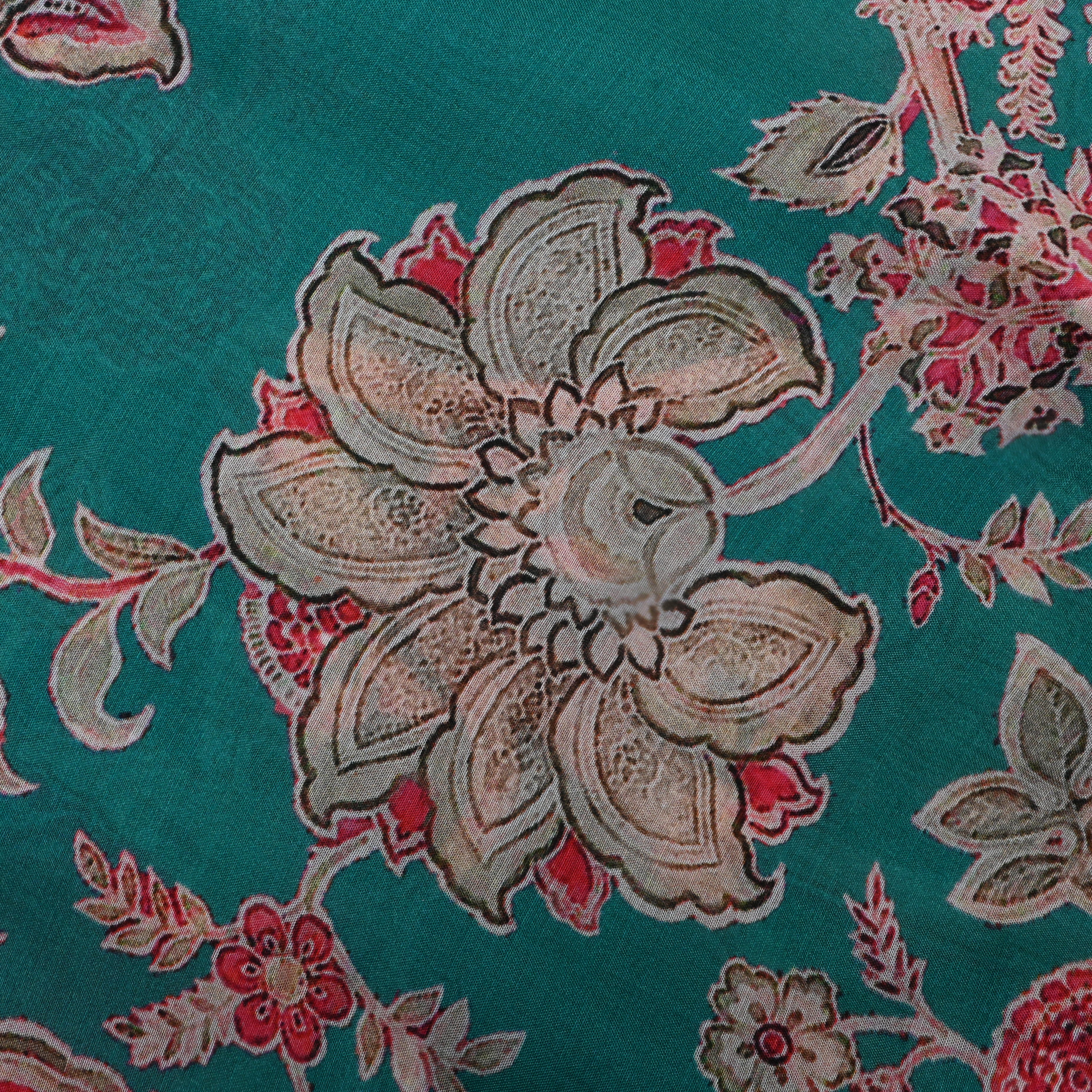 Teal Blue Floral Printed Silk Fabric
