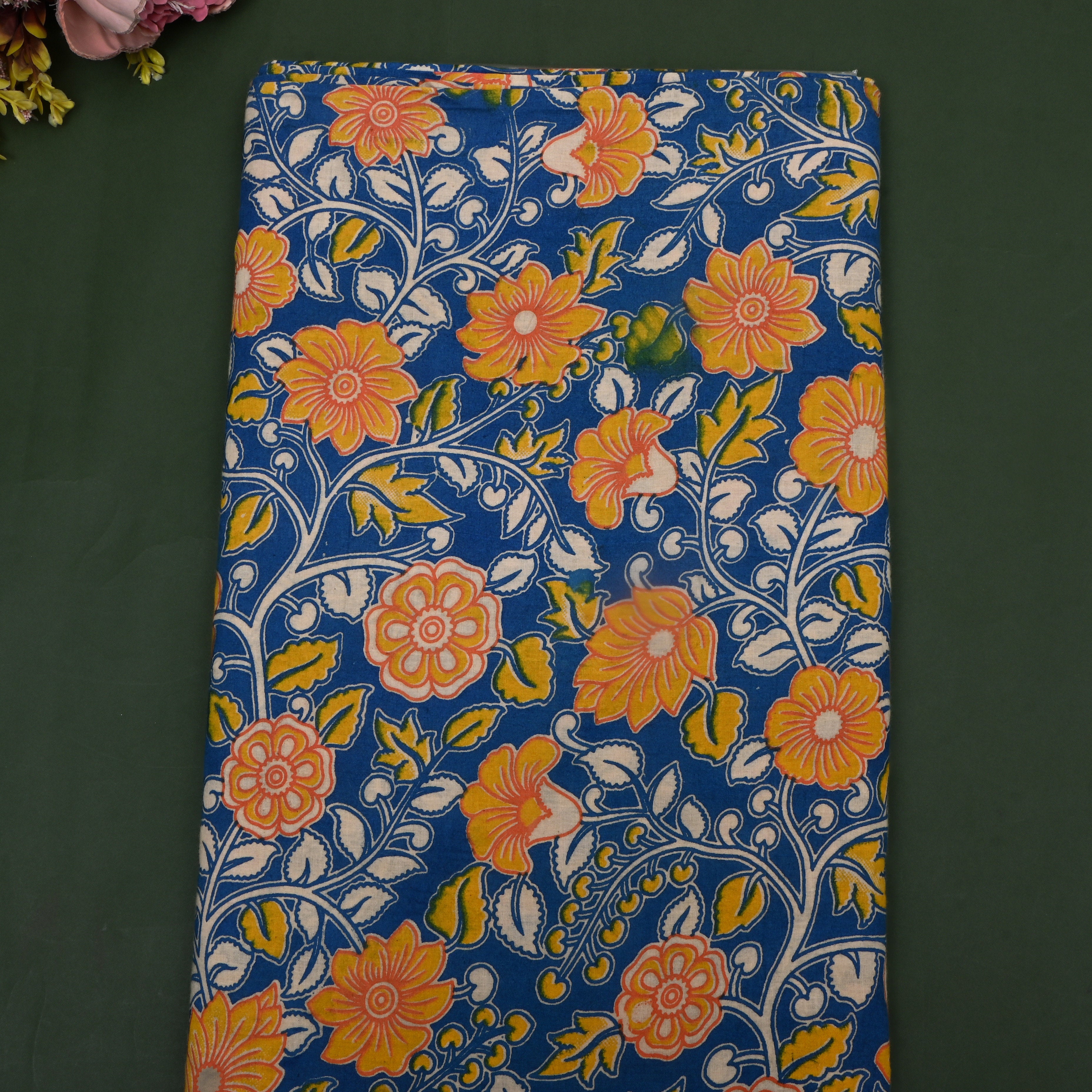 Cobalt Blue Kalamkari Printed Cotton Fabric