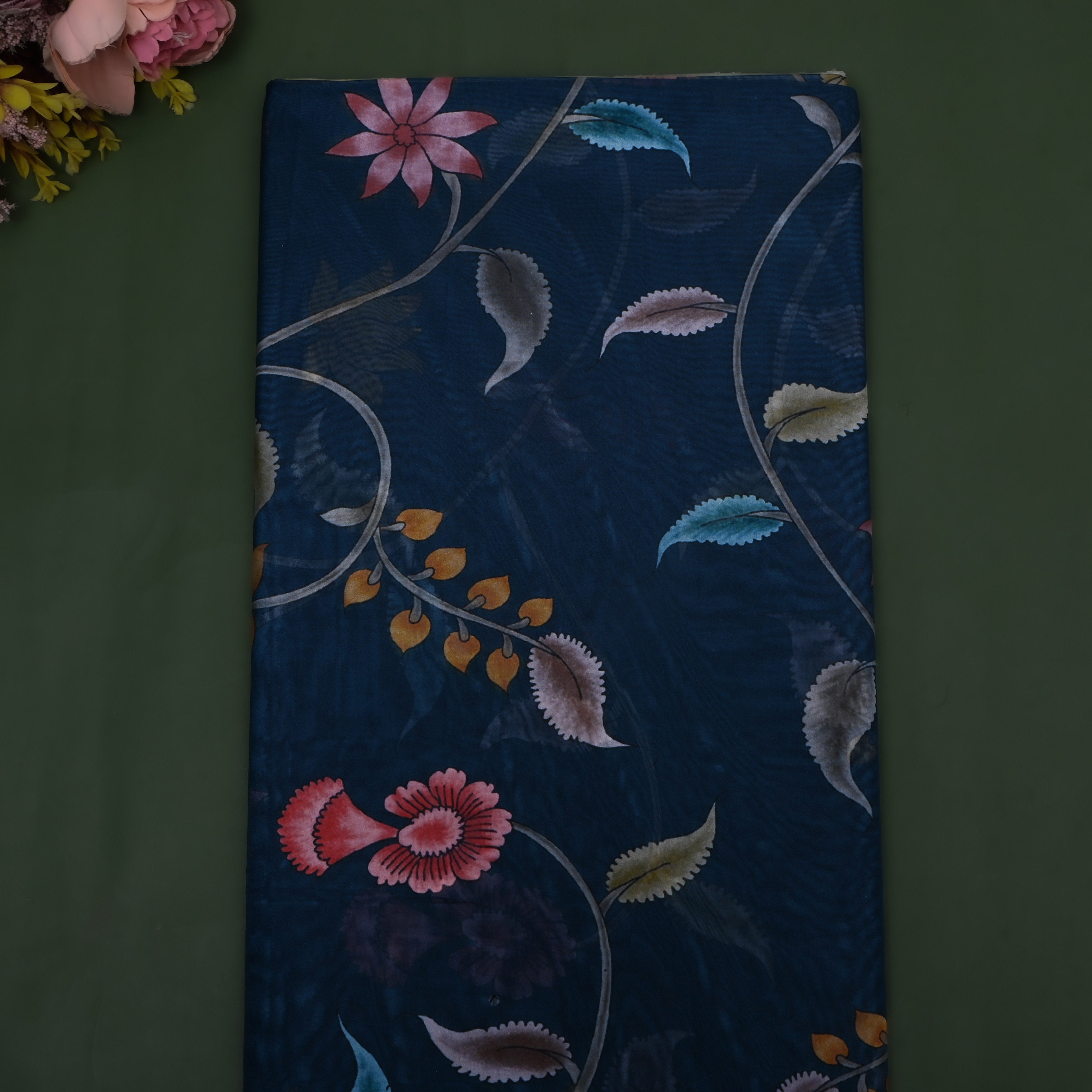 Dark Teal Blue Floral Printed Silk Fabric