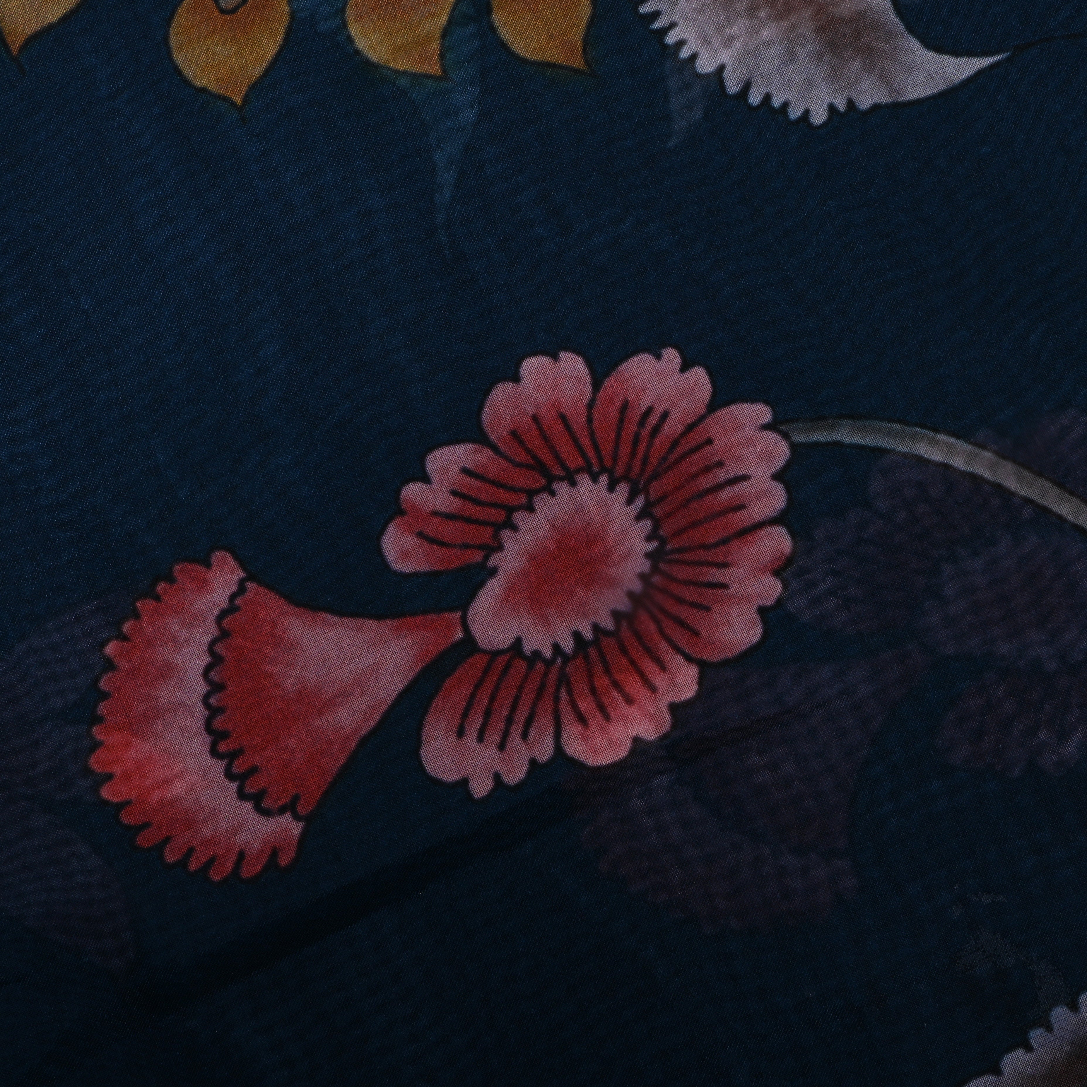 Dark Teal Blue Floral Printed Silk Fabric