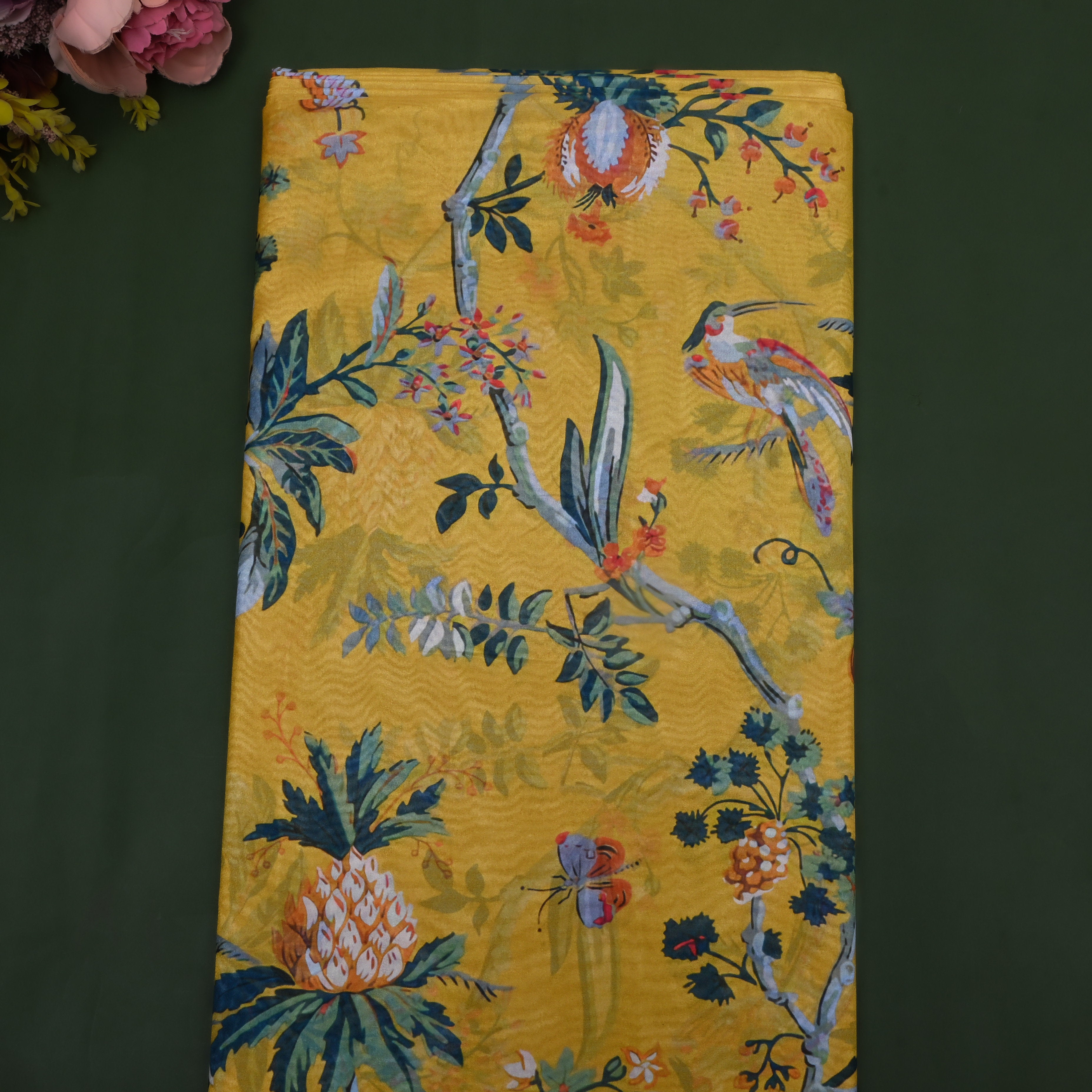 Goldenrod Yellow Floral Printed Silk Fabric